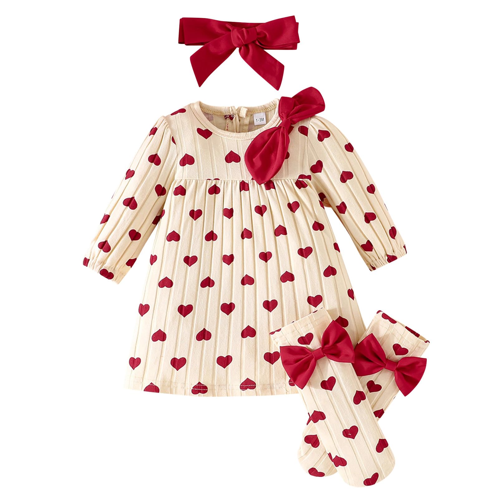 Ensemble 3 pièces pour bébé fille robe à manches longues bandeau à nœud et chaussettes Vêtements imprimés adorables pour bébés de 1 à 12 mois