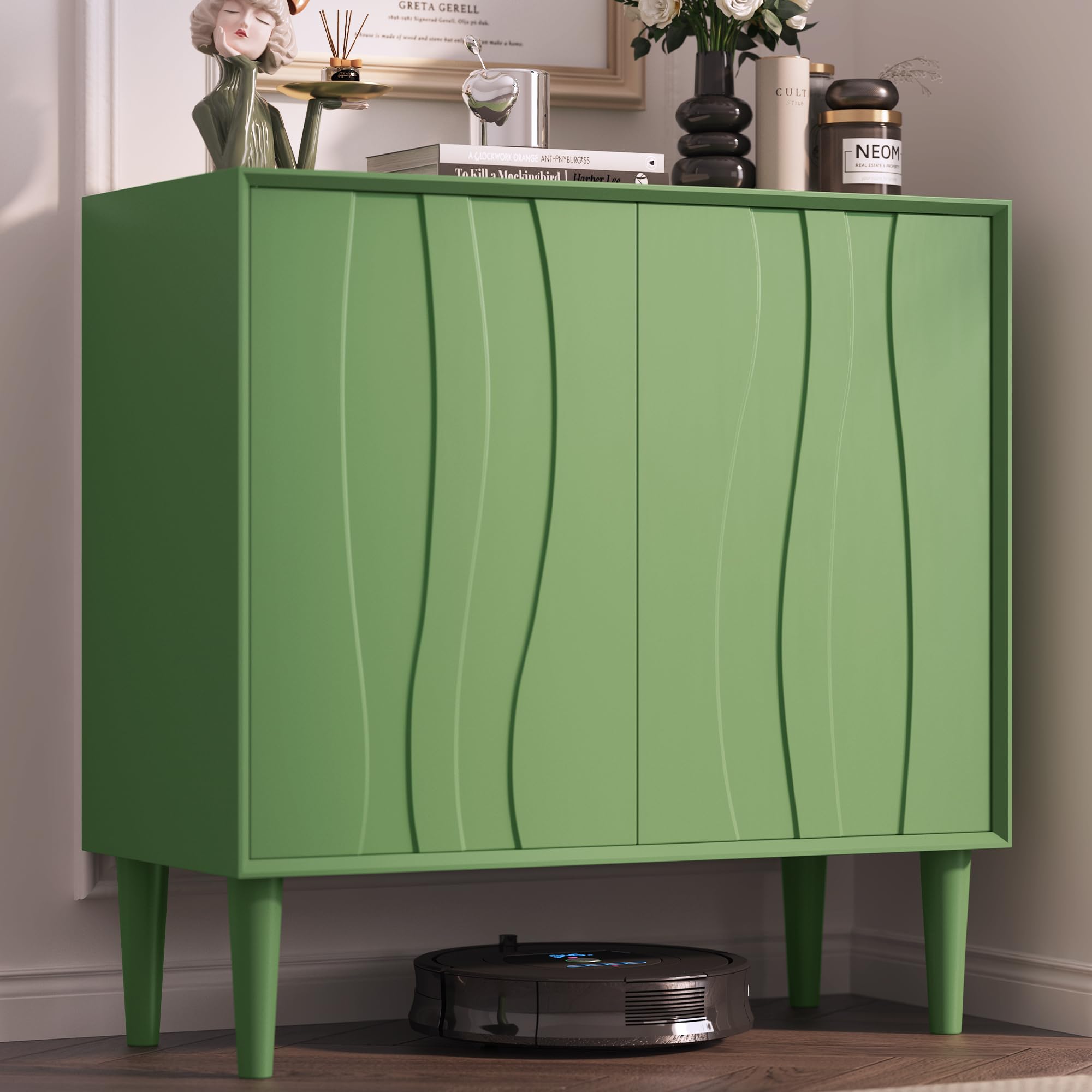 Easyego Mid Century Modern Cabinet, Sideboard Buffet Cabinets with 2 Doors, Wood Accent Storage Cabinets with Adjustable Shelves and Wave Panel for