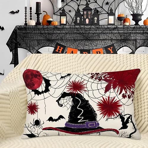 Miniatura 2 de Fundas de almohada con sombrero de bruja de Halloween de 12 x 20 pulgadas, diseño floral rojo y negro, tela de araña, decoración de Halloween,