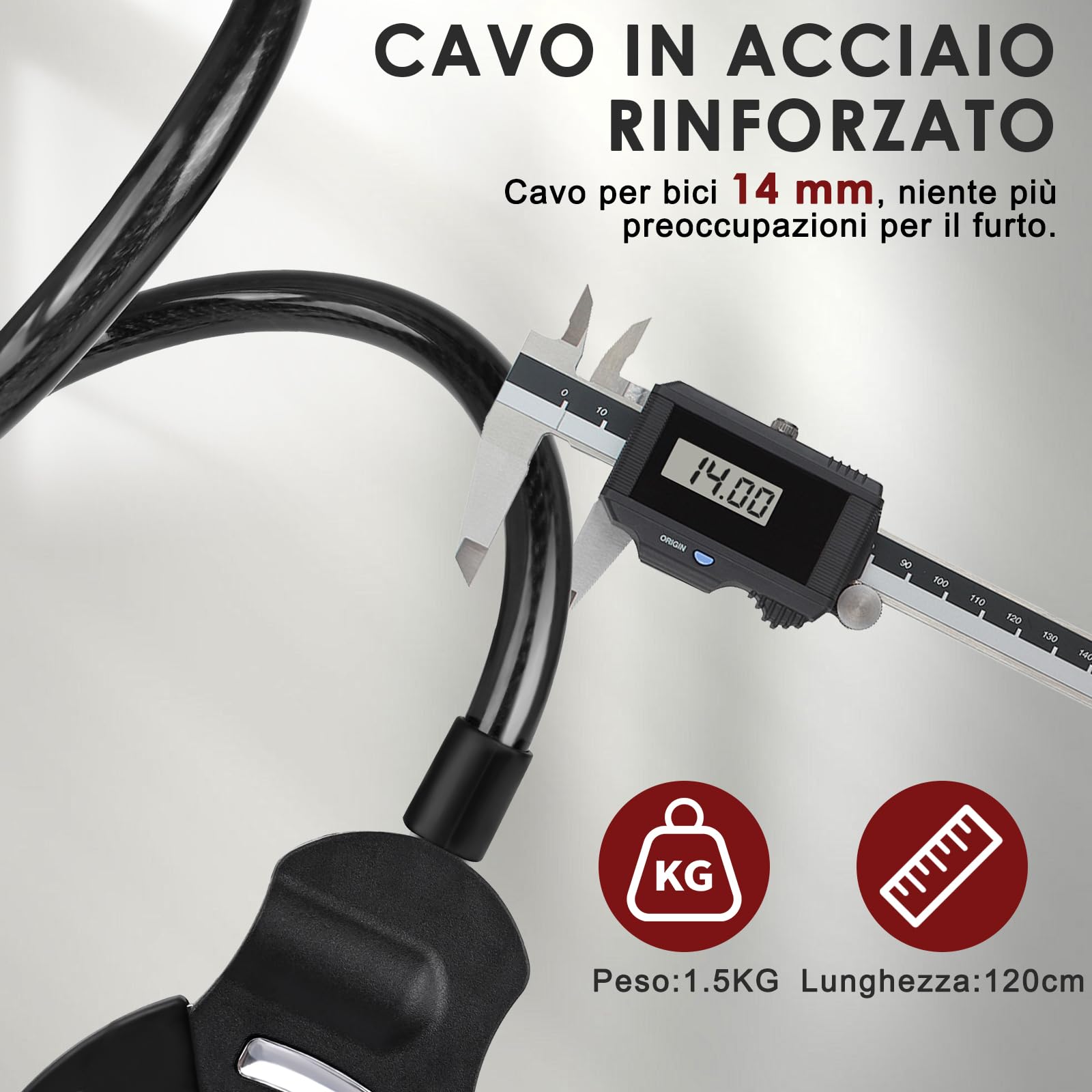 Lucchetto Monopattino Elettrico, Lucchetto Bici, 120CM Catena Monopattino Elettrico, 14MM Cavo Serratura a Chiave con Manette, Lucchetto Bicicletta Antifurto per Passeggino, Scooter, Biciclett
