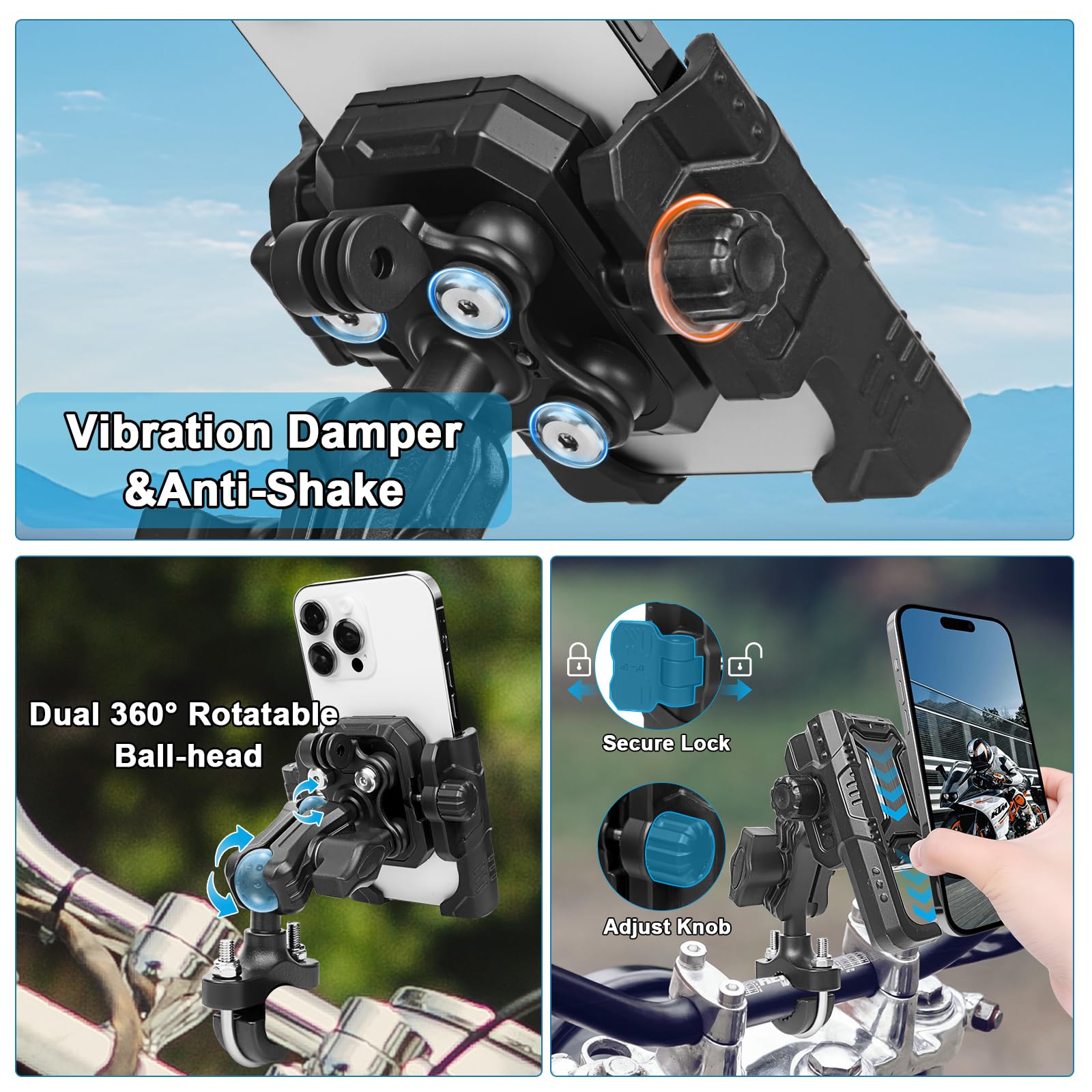 ChromLives Supporto Telefono Bicicletta【Doppio Ammortizzatore】 Supporto Cellulare da Manubrio per Moto Porta Cellulare Moto 360° Rotazione per iPhone 16 15 14 13 12 Pro Max/Huawei/Samsung/Smartphones