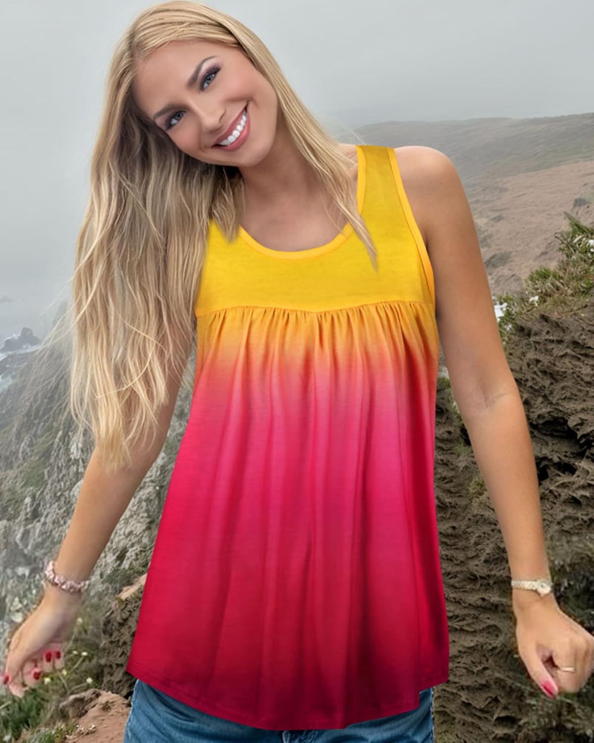 Womens Tank Tops Summer Sleeveless Blouse Crewneck Casual Loose Fit Tunic Shirt - Image 2