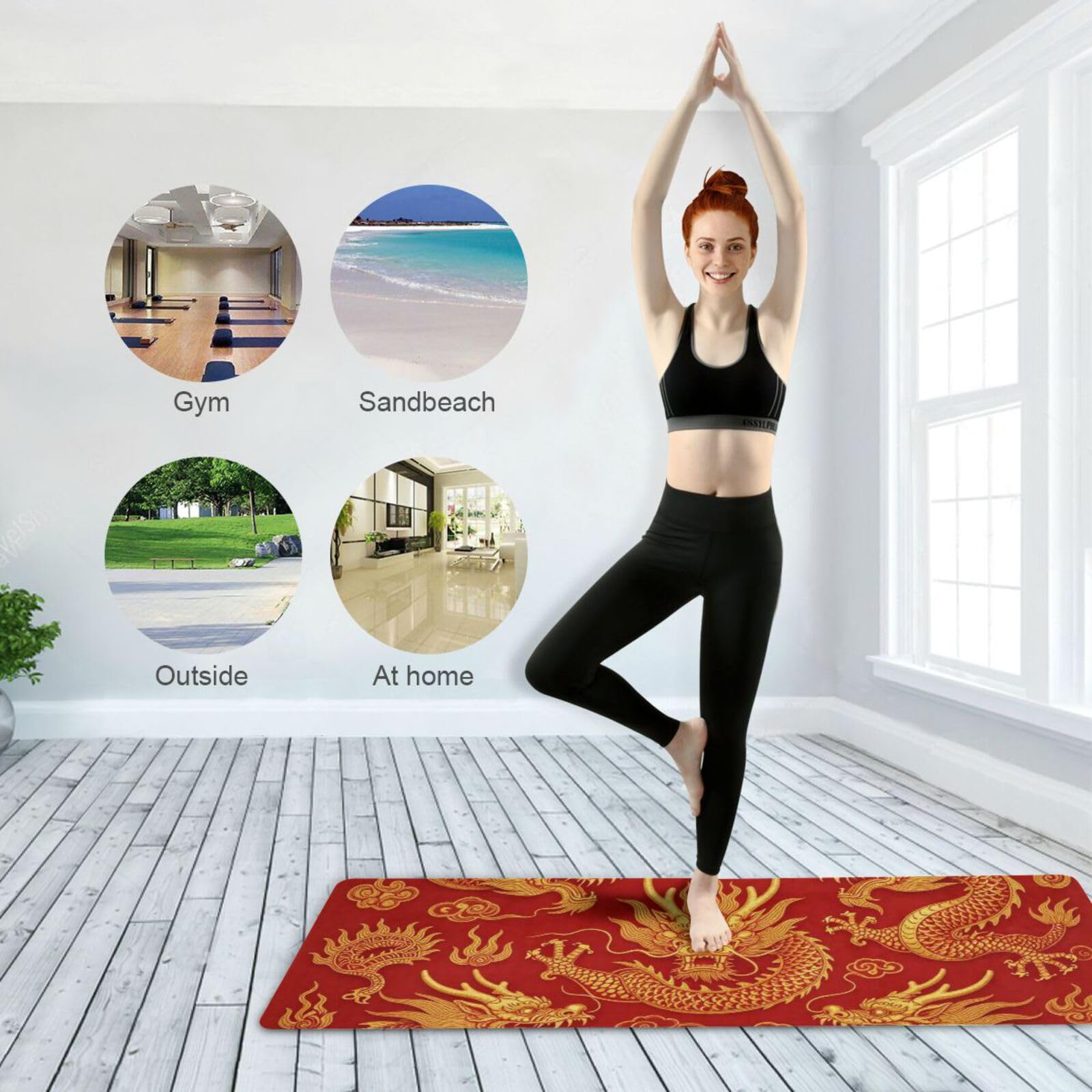 Alfombrillas de yoga impresas de lujo con diseño de dragón chino dorado y rojo, grosor de 1 mm de grosor, antideslizante, con bolsa de yoga para ejercicio, 180 x 66 cm