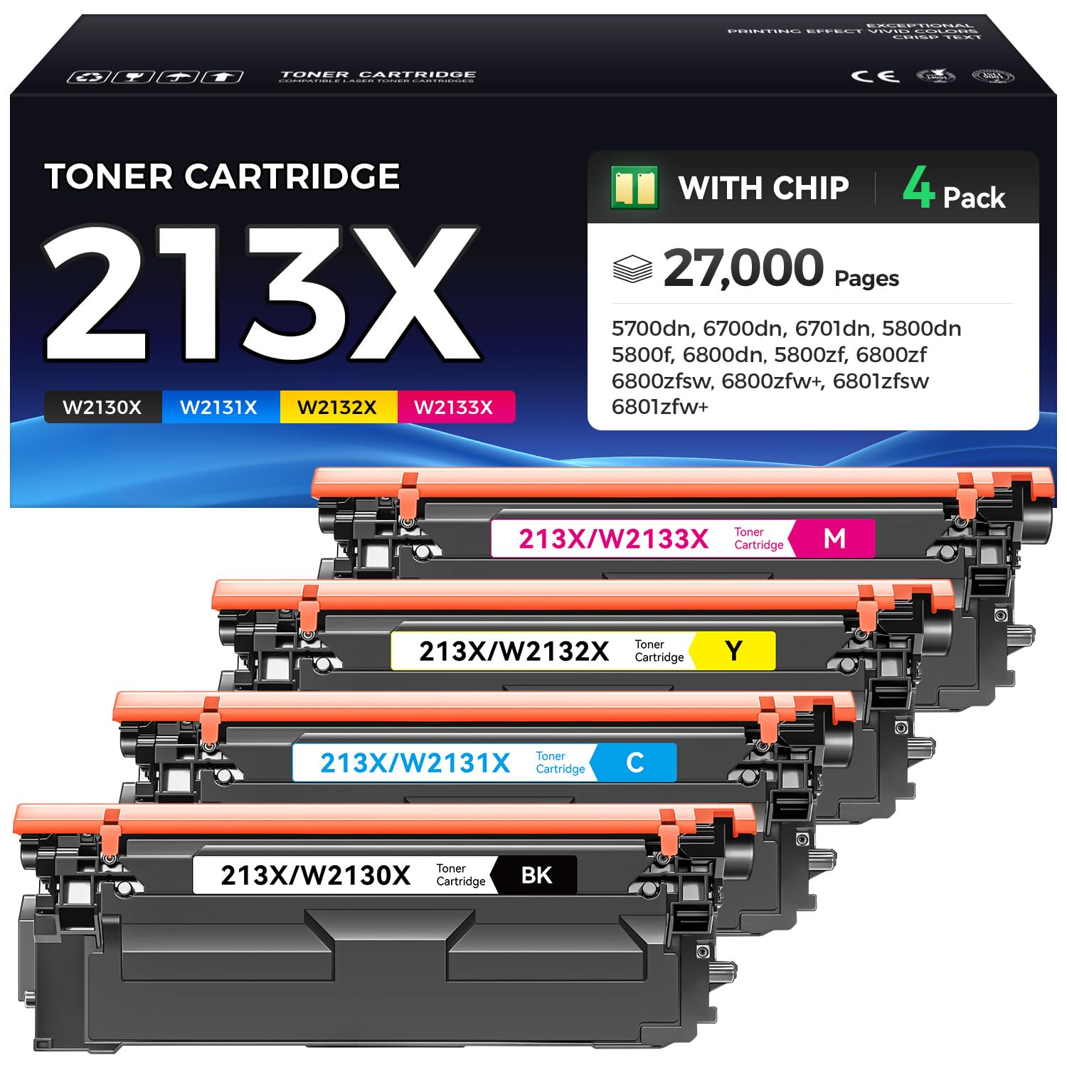 213X High Yield Toner Cartridge Set 4-Pack Replacement for HP 213X W2130X 213A W2130A Compatible for HP Laserjet Enterprise 5700 5800 6700 6701 6800 6801 Printer Black Cyan Magenta Yellow dn f zf zfsw