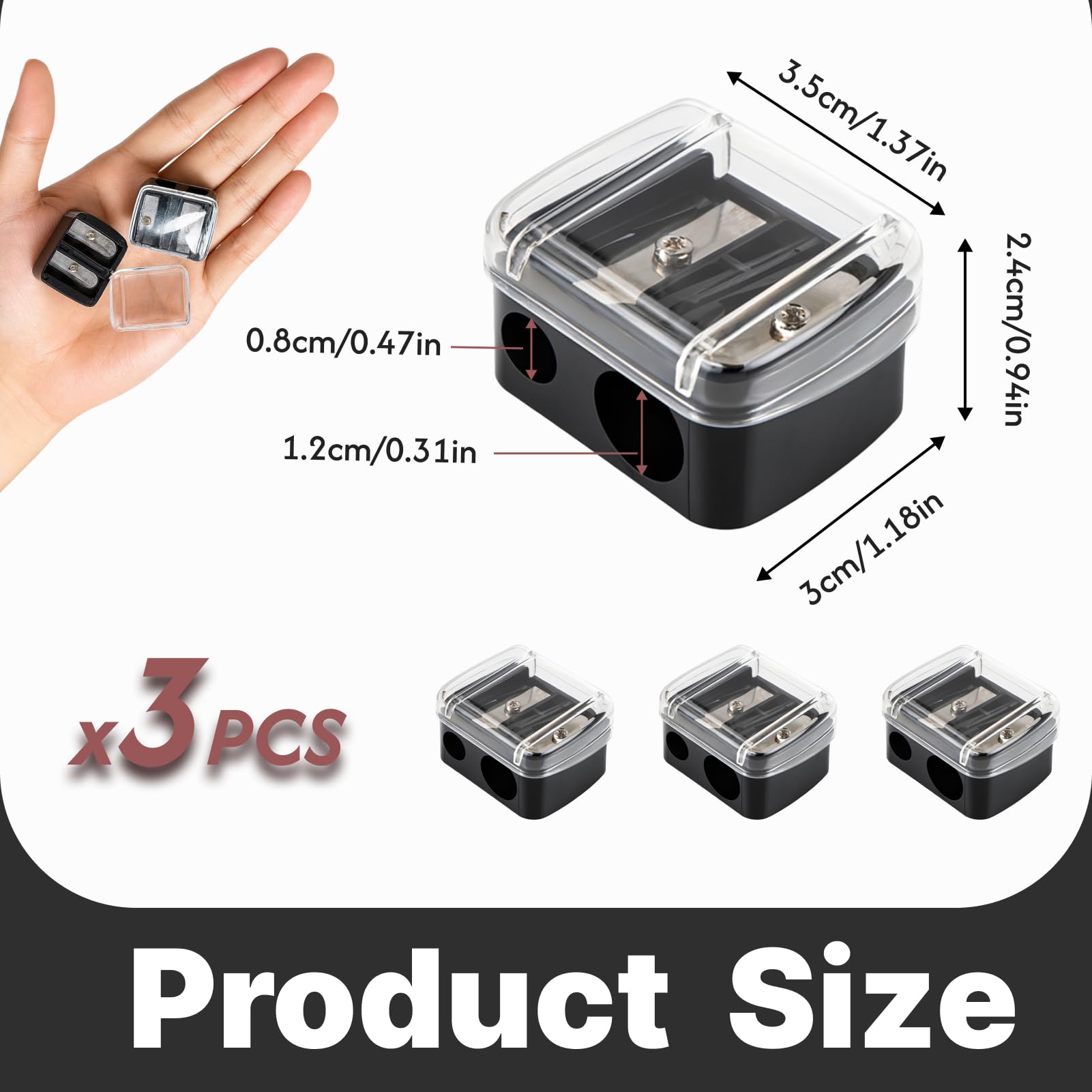3 pezzi temperamatite trucco, temperino doppio per matite kajal/eyeliner, con contenitore, portatile per matite sottili e spesse, accessorio make-up