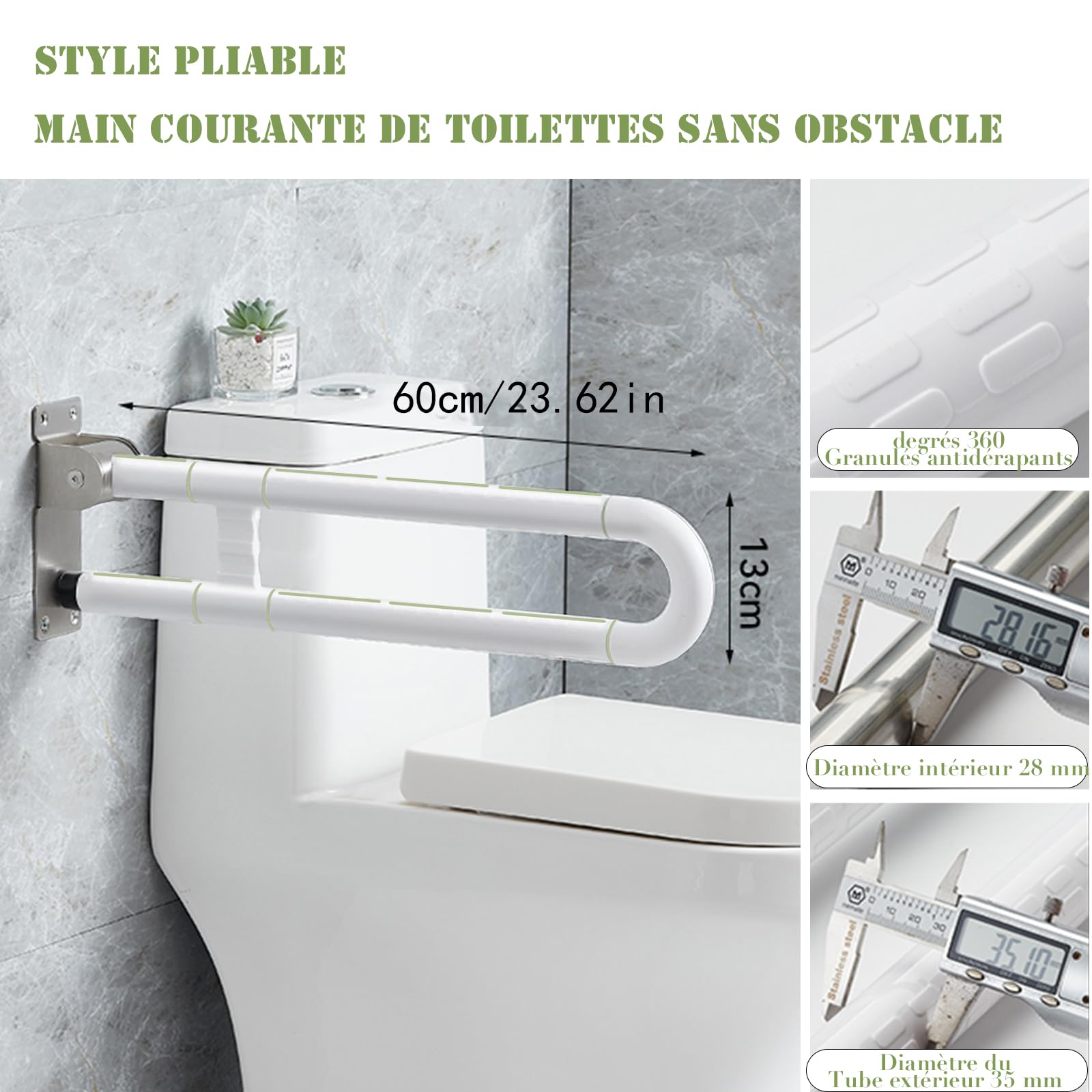 Poignée de Support Pliable Antidérapante pour Toilettes, Blanc
