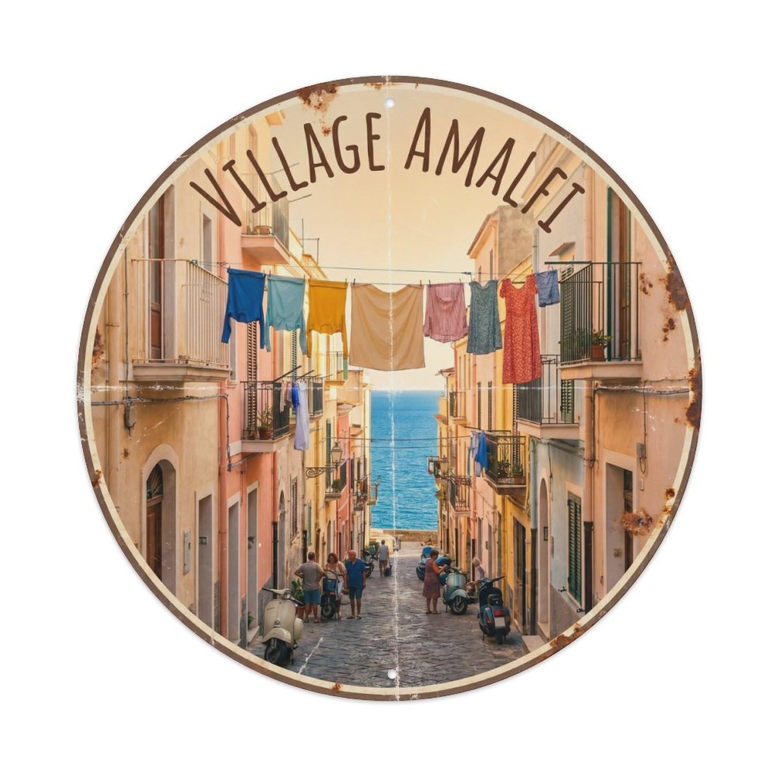 Vintage Travel Italy Coastal Laundry Village Metal Tin Sign Plaque Wall Decor for Cafe, Club, Garden Round Metal Poster 8x8Inch