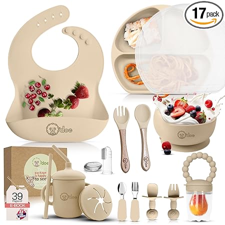 o'doe 17-Piece BPA-Free Silicone Baby Feeding Set | Thick & Soft Suction Plates, Baby Food Bowl, Wooden Fork & Spoon, and More | Make Mealtime Fun and Easy for Your Little One | Beige V2