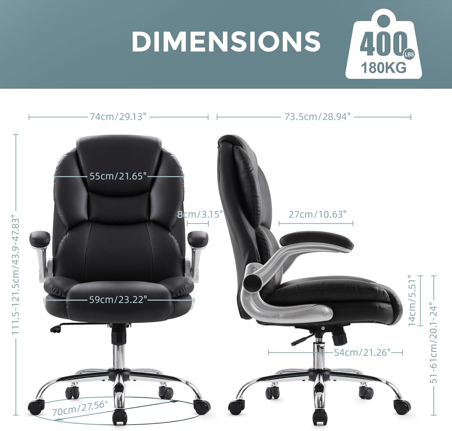 IWMH Executive Office Chair, Ergonomic Big and Tall Computer Desk Chair, High Back PU Leather Chair with Padded Flip-up Armrest, Lumbar Support Swivel Rolling Chairs Black - Image 2