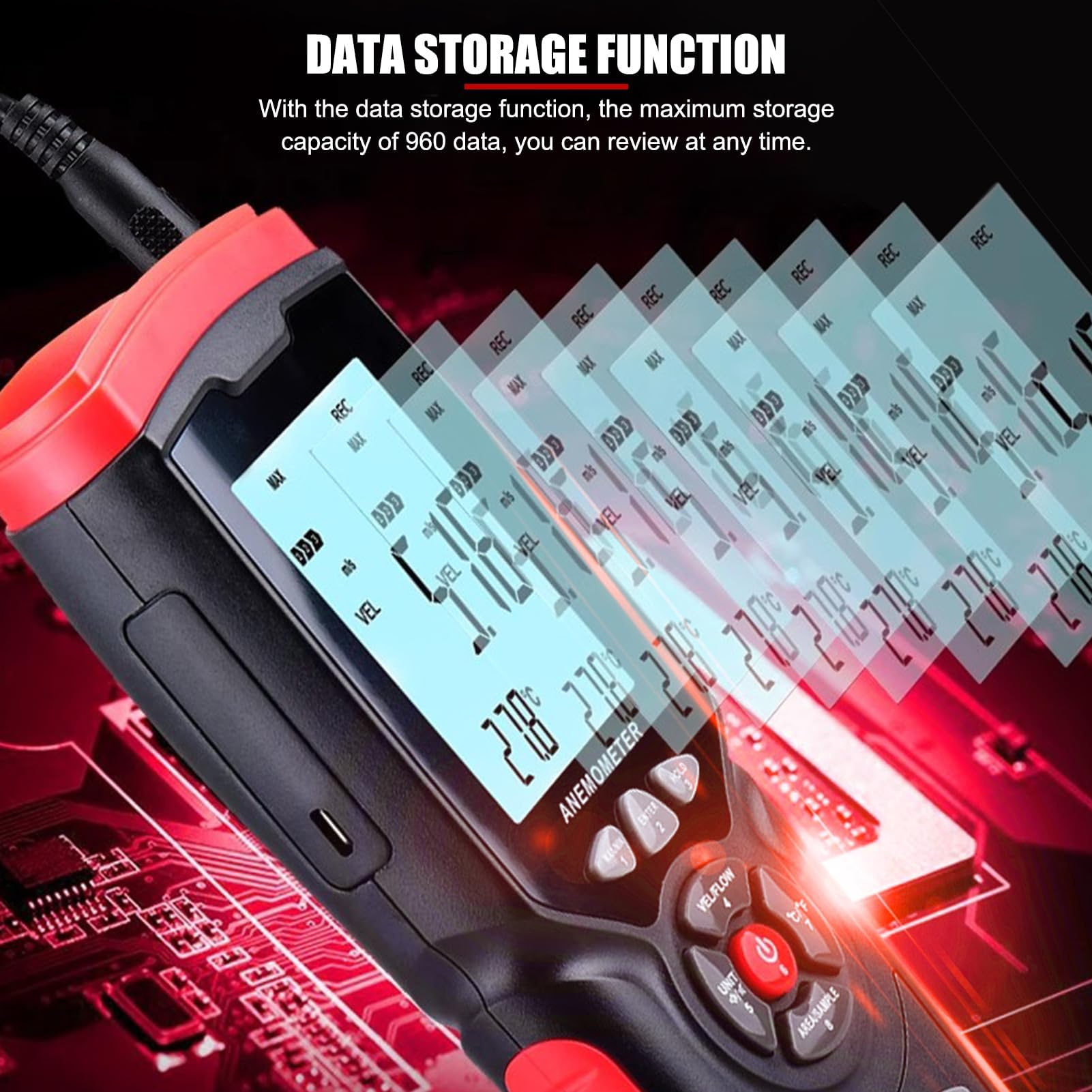 Anemómetro Digital, Anemómetro De Paleta Portátil Retroiluminado con 0~45 M/s, Flujo De Aire CFM/CMM, Registro De Datos USB, Sonda Retráctil, Pantalla LCD Retroiluminada para Conductos