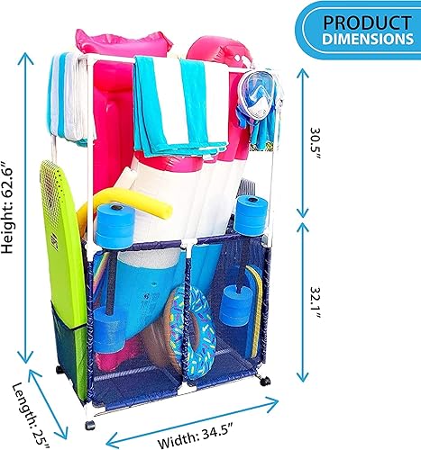 Miniatura 2 de Soporte para equipo de piscina con barras de secado de toallas, organizador de almacenamiento multiusos con ruedas de malla, colgador de toallas