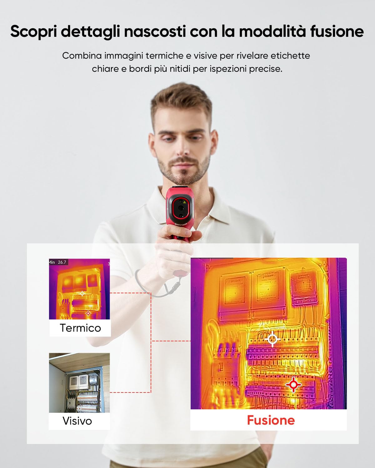 Termocamera HIKMICRO E02, SuperIR risoluzione IR 240x240 con termocamera visibile, termocamera portatile con puntatore laser, frequenza di refresh 20Hz, range di misurazione da -20°C a 400°C
