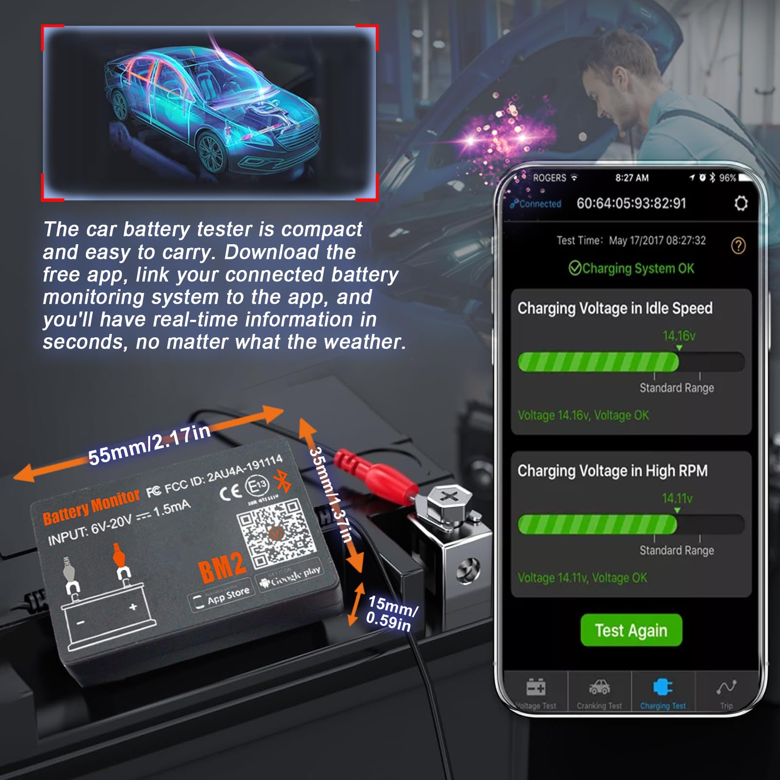 Monitor Batteria Bluetooth 4.0 Wireless Battery Tester, Car Charging Start e Alarm System Monitor Analizzatore Batteria Digitale Adatto a 12V Sistemi Solari Moto Barche Auto Compatibili Android iOS