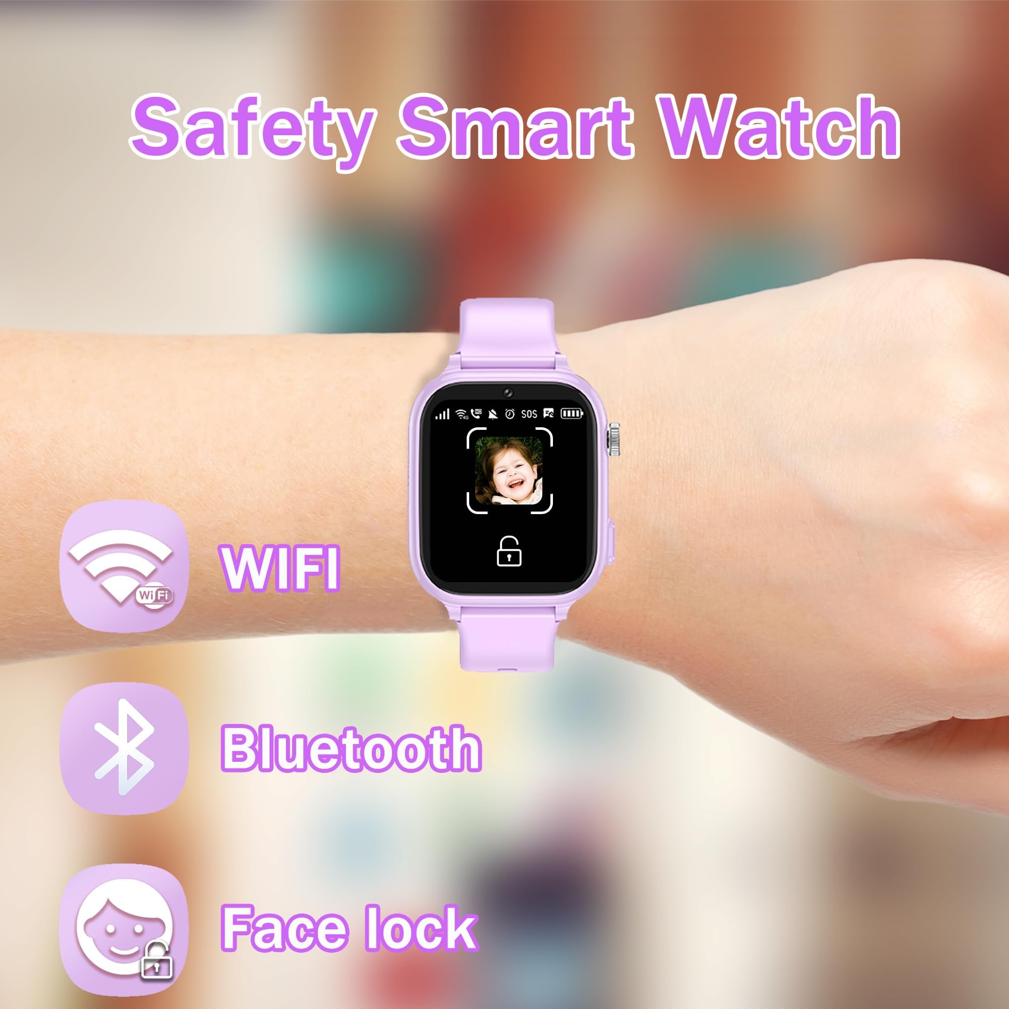 Montre Connectée Enfant GPS, 4G Montre Connectée Ado avec Telephone Appel Vidéo, WiFi, Bluetooth, SOS, Mode Classe, Face ID, App Store, Whatsapp, Réveil, IP68 Smartwatch Enfants Cadeaux (Violet)