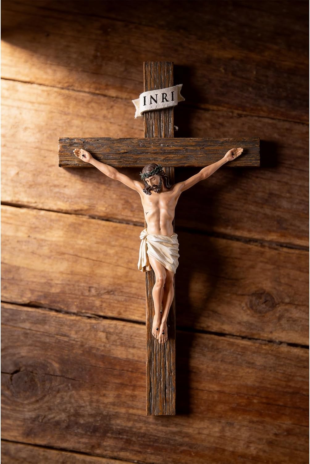 Catholic Crucifix Wall Cross - 12" Hand-Painted Jesus Christ Wall Decor, Realistic Wood-Grain Resin Renaissance Sculpture, Inspirational Home Décor & Religious Gifts