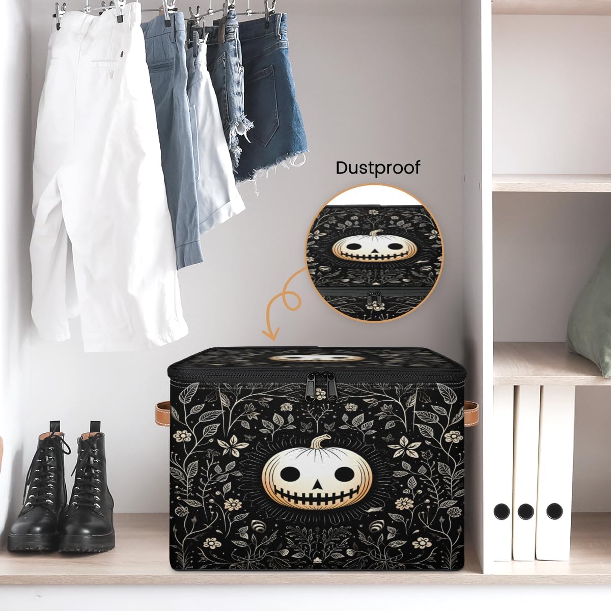 Storage Bin Set of 2 Pumpkin Skull Storage Basket with Zipper Lid & Handle Foldable Closet Shelf 2 Pack Cloth Organizer Basket Cube Bins Clothes Organizer for Bedroom, Nursery
