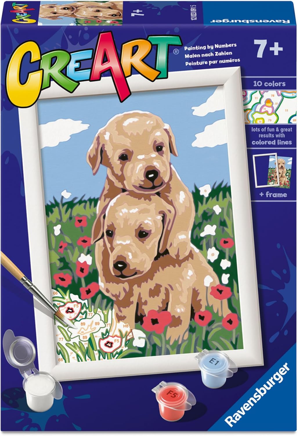 Ravensburger - CreArt Series E: Golden Retriever Paint by Numbers Painting Kit for Kids with Frame Educational and Creative Game Gift Idea for Children Aged 7 Years and Above 13 x 18 cm