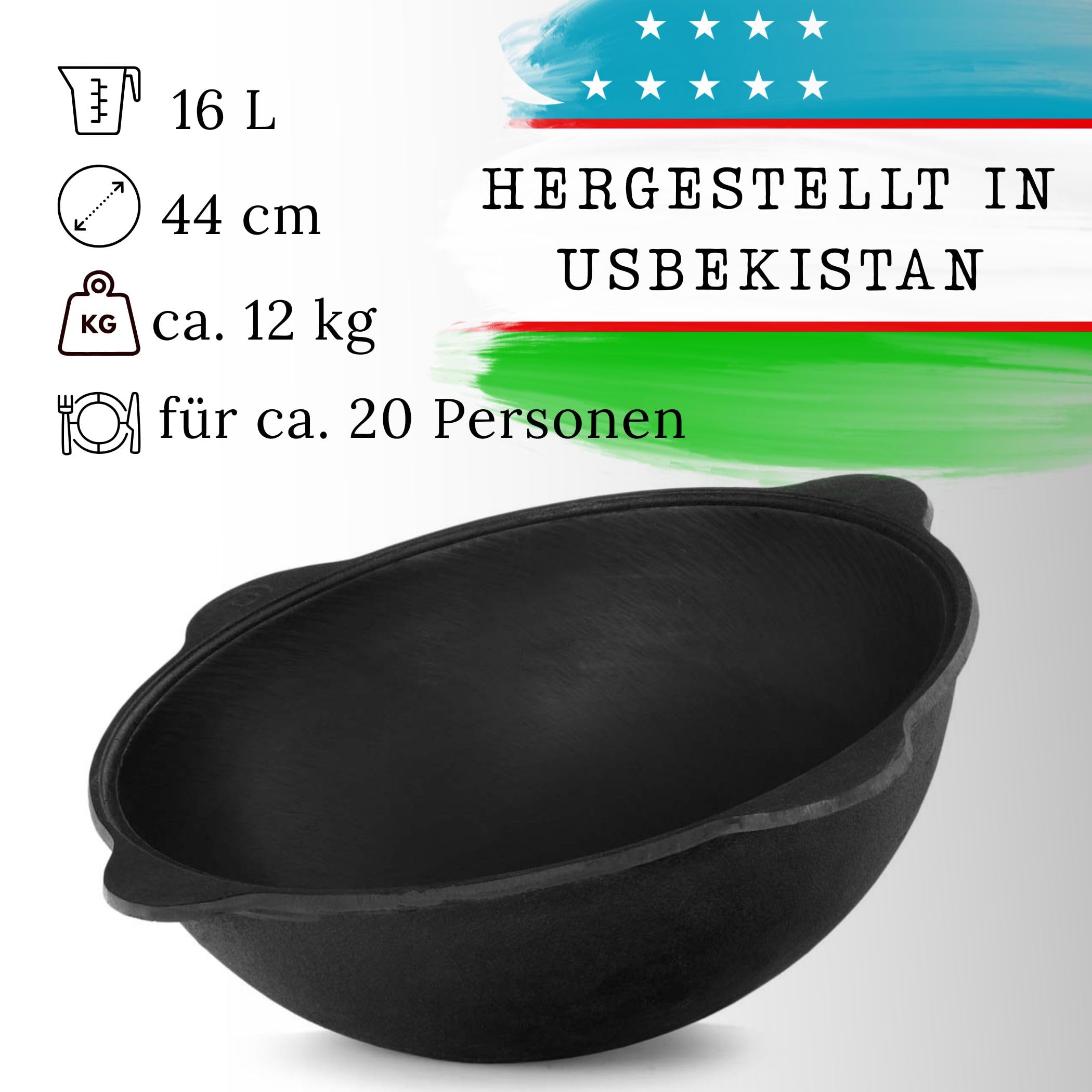 Original Usbekischer Kasan 16 L aus Gusseisen mit Aluminium-Deckel – Namangan Schwenktopf Dutch Oven Feuertopf für Camping Outdoor inkl. Schöpfkelle Schaumlöffel