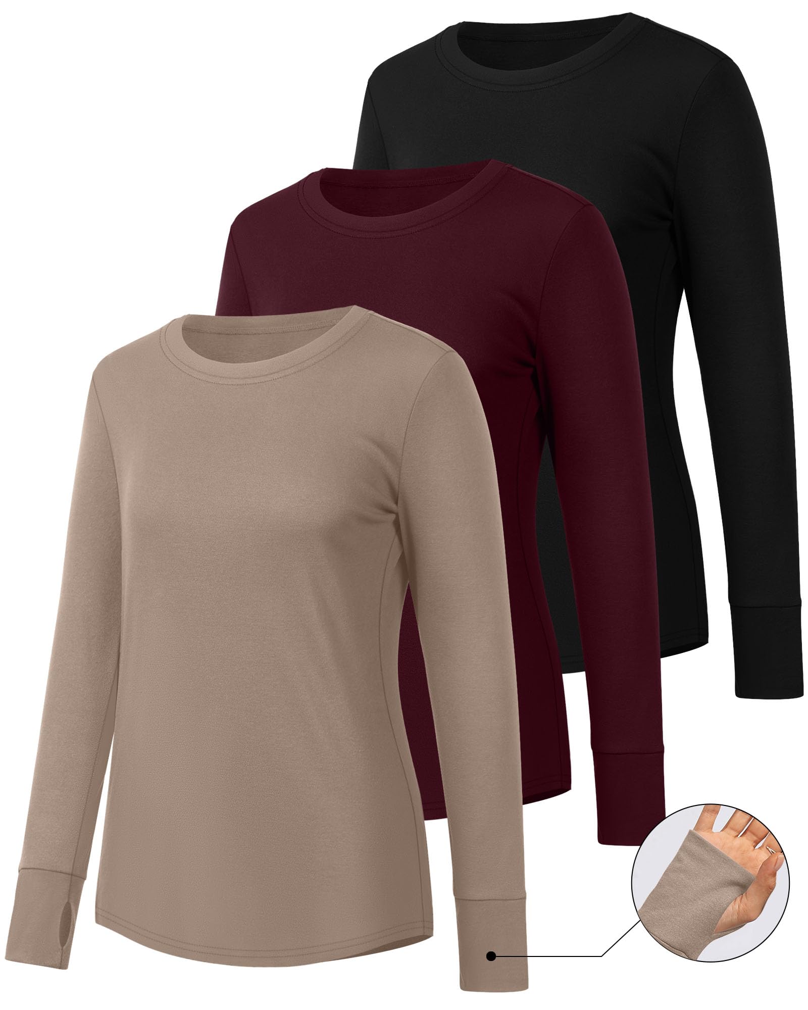 Geyoga 3 Pezzi Maglie a Maniche Lunghe per Donna con Fori per Il Pollice in Cotone Casual a Collo Rotondo Tunica Comoda