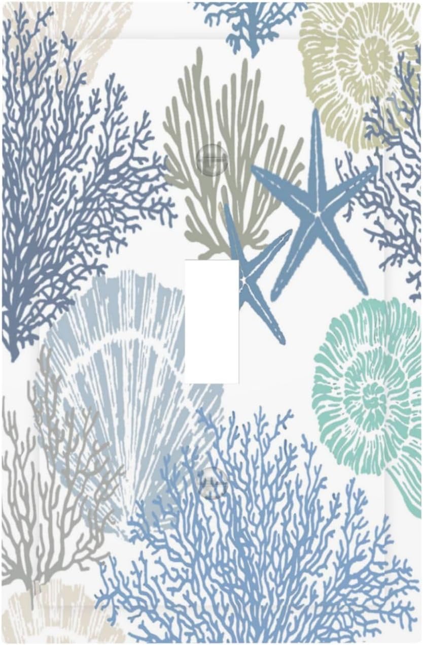 Blue Teal Nautical Coastal Sea Ocean Beach 1 Gang Electrical Single Toggle Device Switch Wall Plate Starfish Seashell Coral Decorative Outlet Light Switch Face Plate Cover