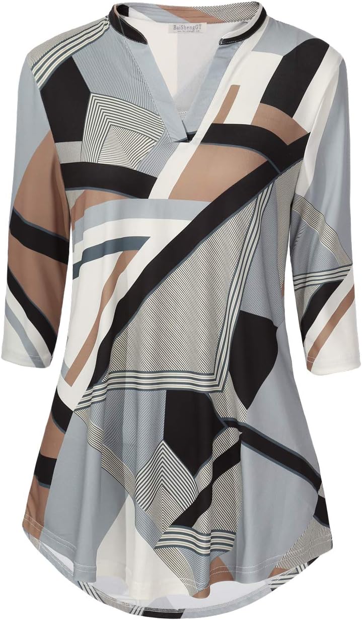 BAISHENGGT 3/4 Sleeve Tops for Women Notch V Neck Floral Work Blouses Dressy Casual Loose Fit Going Out Tunic Tops