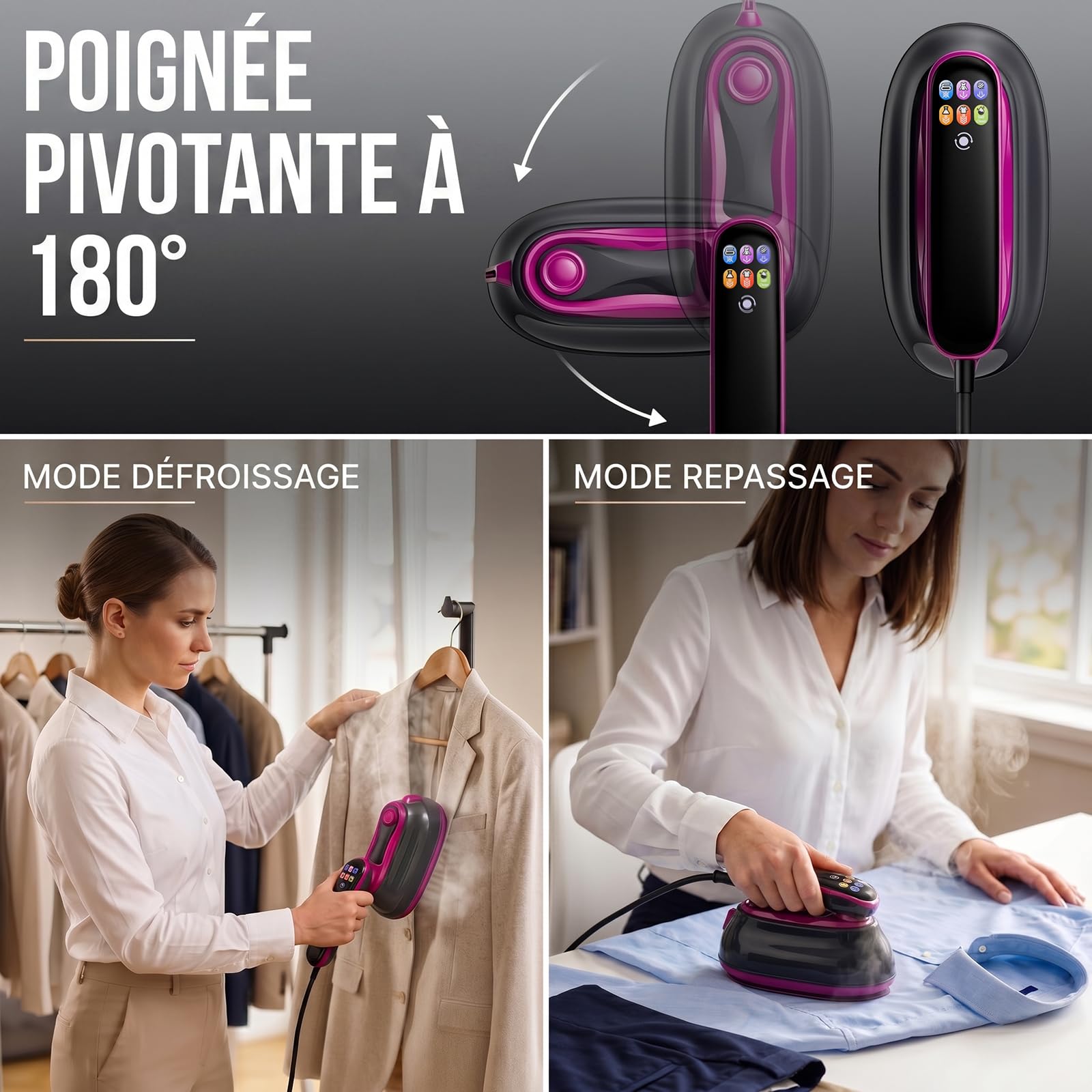 Défroisseur Vapeur 2 En 1, Défroisseur à Main 1300 W Portable Vêtements, Fer à Repasser de Voyage Écran Tactile Multi-Modes, 4 Vapeurs, Repassage Sec + Auto-Nettoyage, Réservoir 160 ml Maison/Voyage