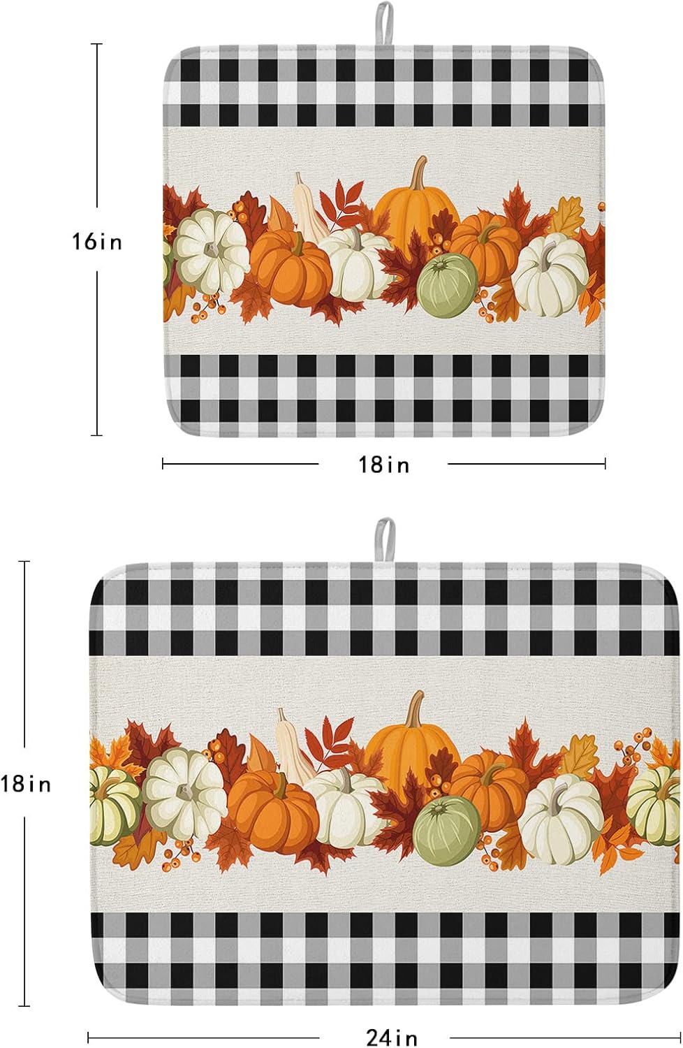 Fall Harvest Pumpkins Dish Drying Mats for Kitchen Counter,Buffalo Check Black White Microfiber Absorbent Dish Drainer/Rack Mat,Reversible Hangding Quick Drying kitchen Drying Mat,18x24inch