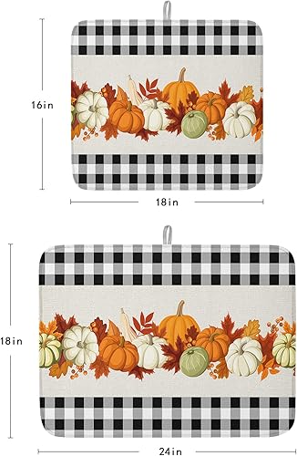 Miniatura 3 de Alfombrillas de secado de platos de calabazas de otoño para encimera de cocina, 2 piezas, búfalo a cuadros negros y blancos absorbentes de