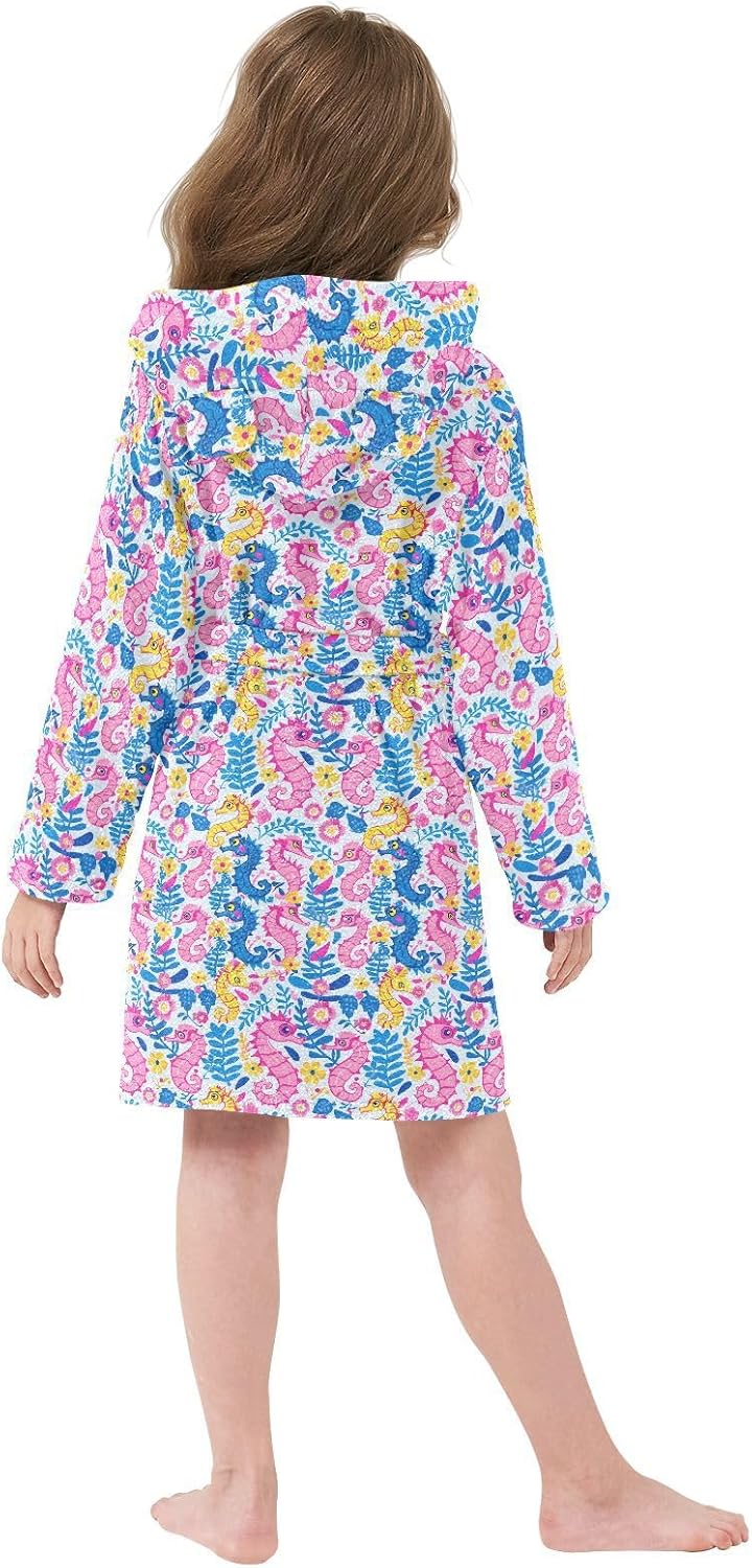 senya Pink Seahorse Toddler Hooded Bathrobe Kids Soft Plush Bath Towel Robes for Boys Girls 2-12 Years