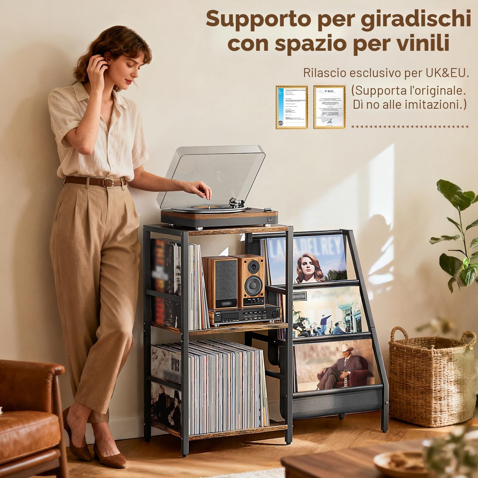 Bikoney Giradischi Vinili Stand Tavolino con Archiviazione Record in Vinile a 3 livelli, Espositore per Dischi in Vinile Fino a 200 album,Gabinetto del Supporto da Record in Vinile per Soggiorno