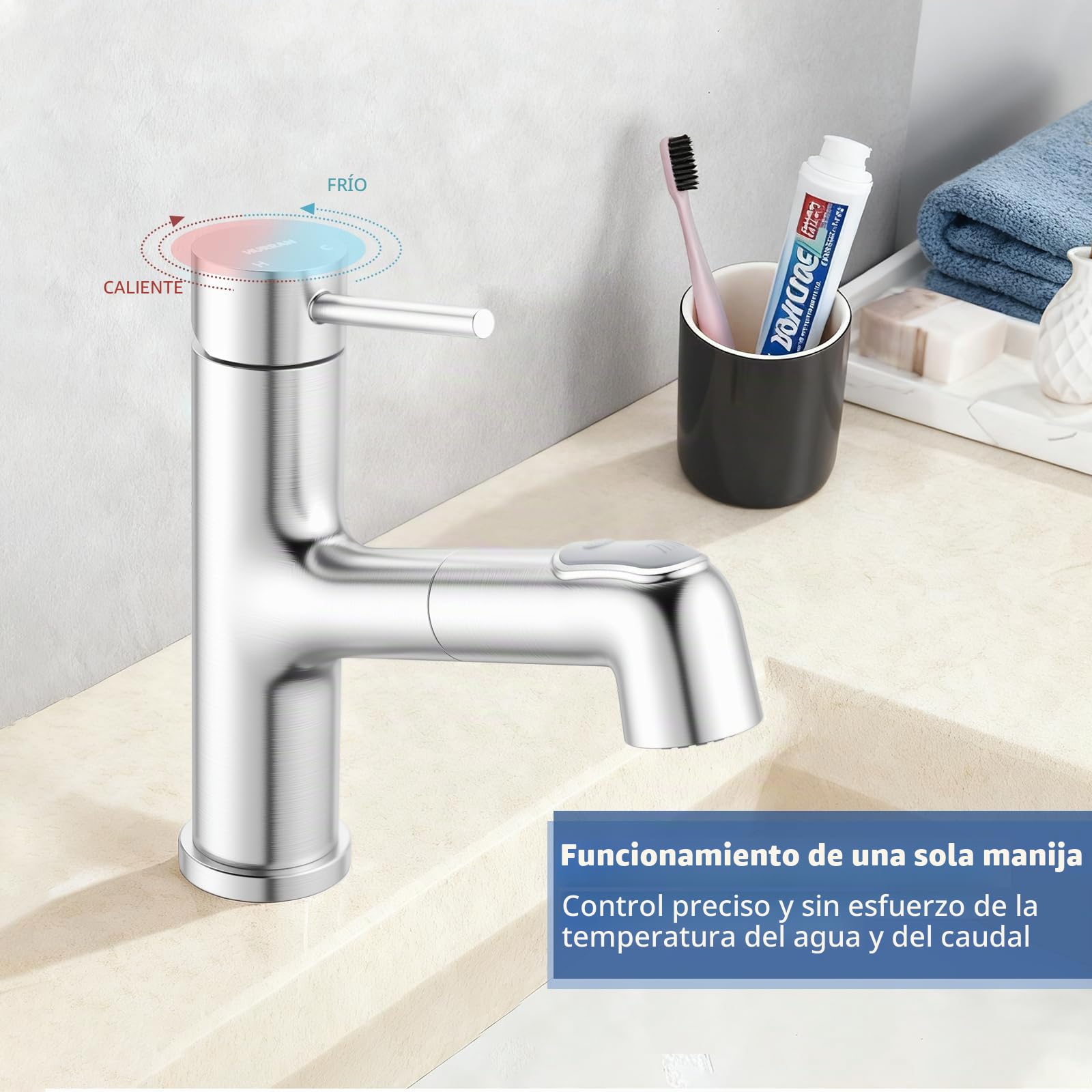 HURRAN Grifo de Baño con Cabezal Extraíble, Monomando para Lavabo con 2 Modos, Grifo para Fregadero de Uso General, Acero Inoxidable, Niquelado Cepillado