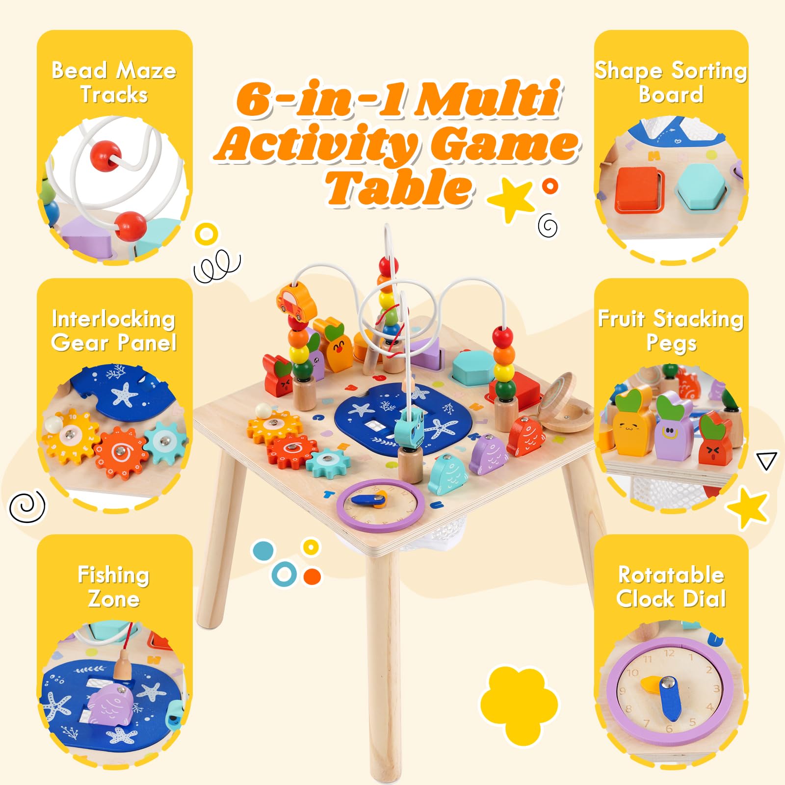 Tavolo attività per bambini, tavolo da gioco 7 in 1 Baby Montessori, giocattolo educativo con labirinto di perline, ruota dentata, gioco di pesca, assortimento di forme, promuove le abilità