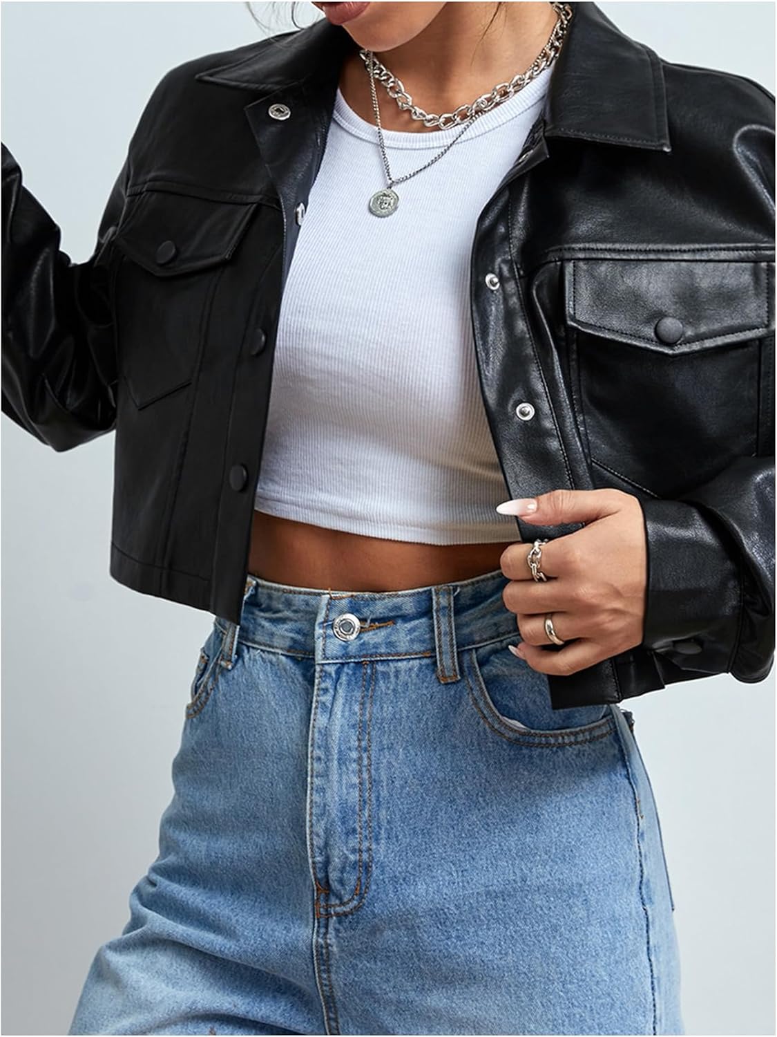 GORGLITTER Women's Cropped Leather Jacket Trendy Long Sleeve Button Down Moto Biker Jacket Fashion Coat Outerwear - Image 3