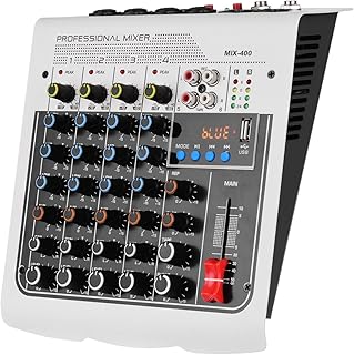 Pruie MIX-400 Mixer de áudio profissional de 6 canais Console de mixagem EQ de 3 bandas com efeitos de atraso de reverberação +48V Phantom Power Conexão sem fio para gravação DJ Network Live Broad