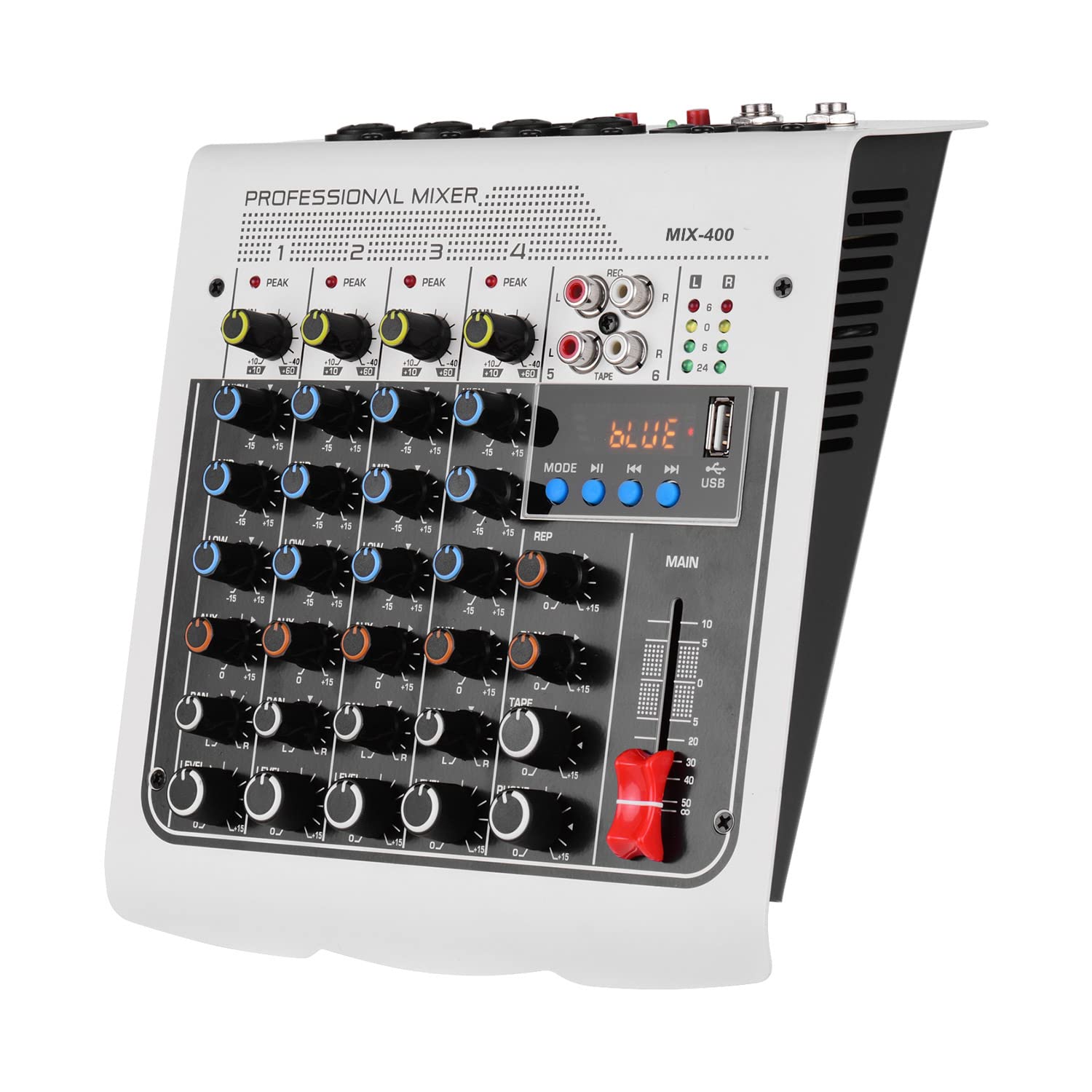 Domary Mixer Audio Console di Missaggio Scheda Audio LCD a 6 [segnaposto] USB BT 48V Alimentazione Phantom Ritardo Riverbero AUX EFF Invio per Karaoke Registrazione Trasmissione Live (Spina europea)