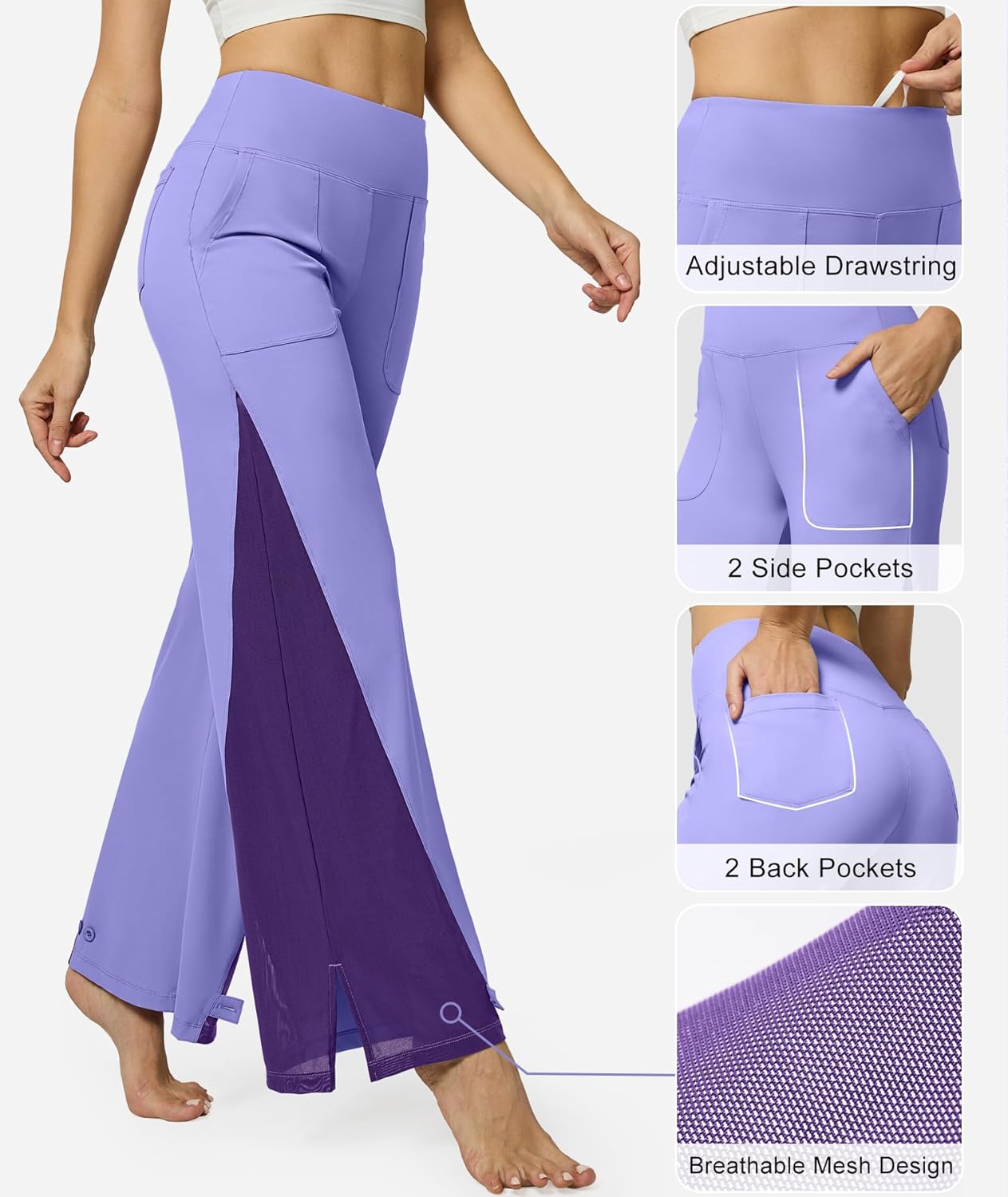 Casei Wide Leg Yoga Pants for Women Adjustable Hem High Waist Loose Casual Pants with Pockets - Image 4