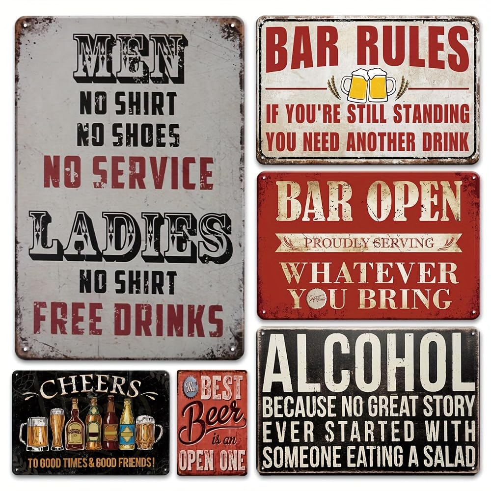 6 PCS Vintage Metal Bar Signs - Rustic Beer Sign Wall Decor for Home Bar, Man Cave, Funny Gifts for Man Dad Father Birthday Party Decor 30x40 CM,