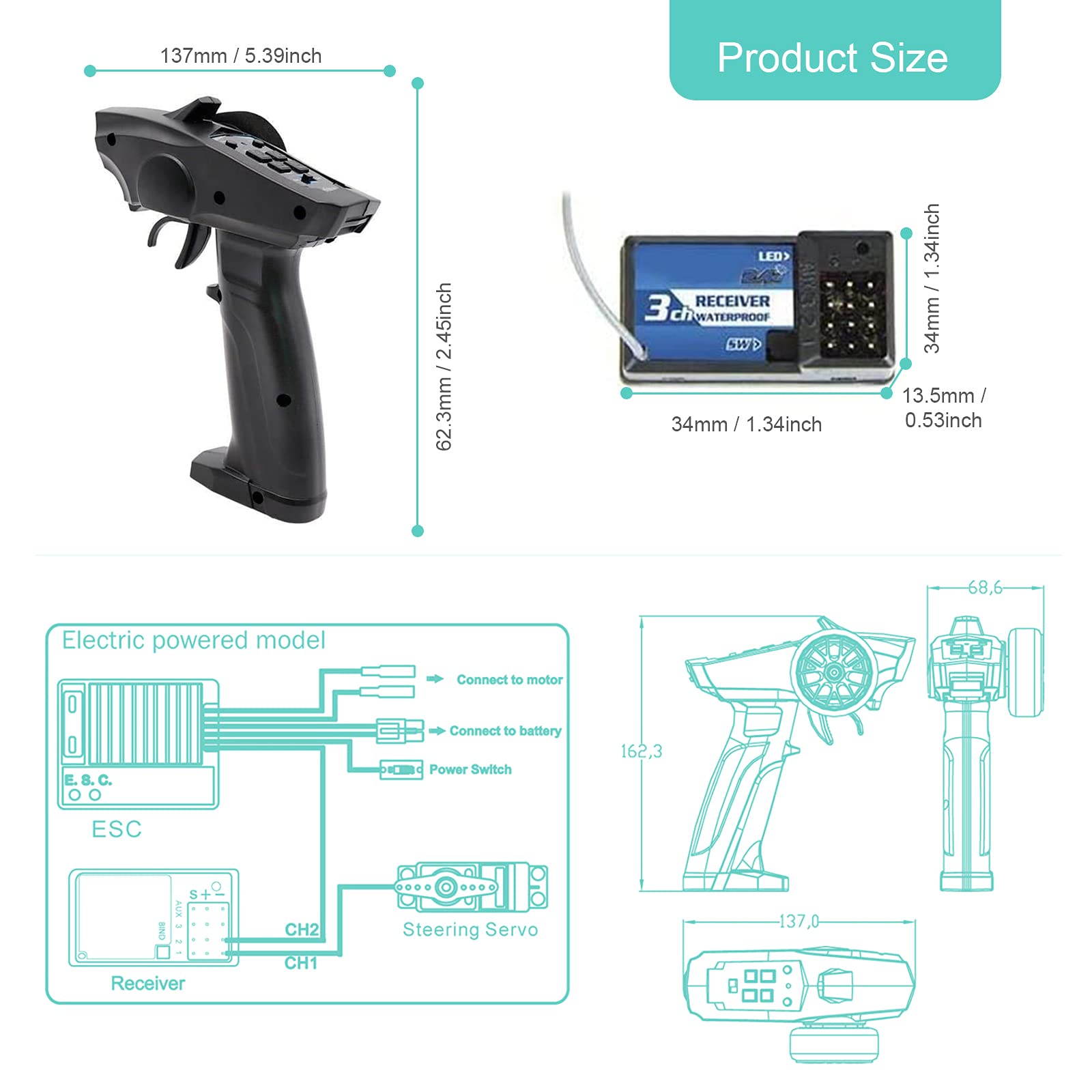 Turbo Racing 91803G-VT 2.4GHz 3CH RadioTransmisor 3 Canales Control Remoto con Receptor para RC Car Boat