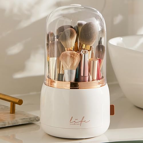 WenkeDigi Soporte para brochas de maquillaje, organizador giratorio de 360 con tapa transparente, brillante a prueba de polvo, organizador de