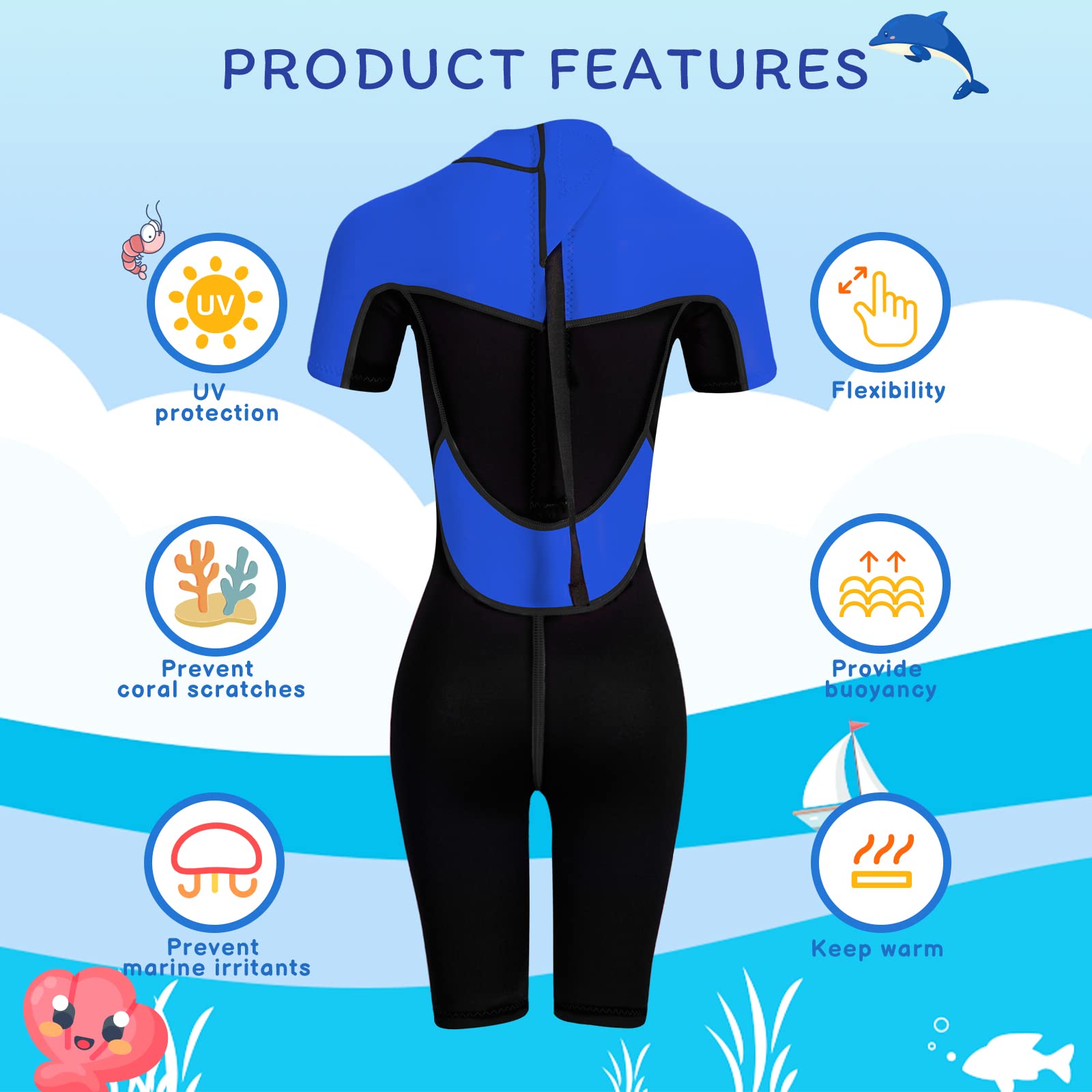 Combinaison Néoprène Enfant 2 Mm Courte – Anti-UV, Fermeture Éclair Avant, Pour Natation, Surf, Plongée, SUP (Bleu, Taille XS)