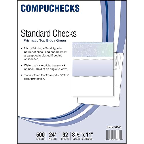 Compuchecks Check on Top Blank Check Paper - 500 Pack, Quick-Books & Laser Printer Compatible - Security Business Checks with Voucher - 8.5" x 11" Blue/Green Prismatic