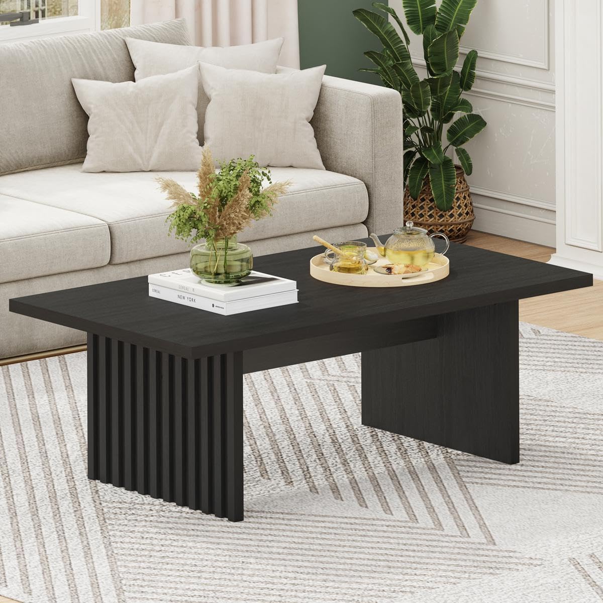 BON AUGURE Coffee Tables for Living Room, 47 Inch Modern Living Room Table, Rectangular Coffee Table with Spacious Tabletop, Slatted Panel Center Tables Centerpiece, Black Oak