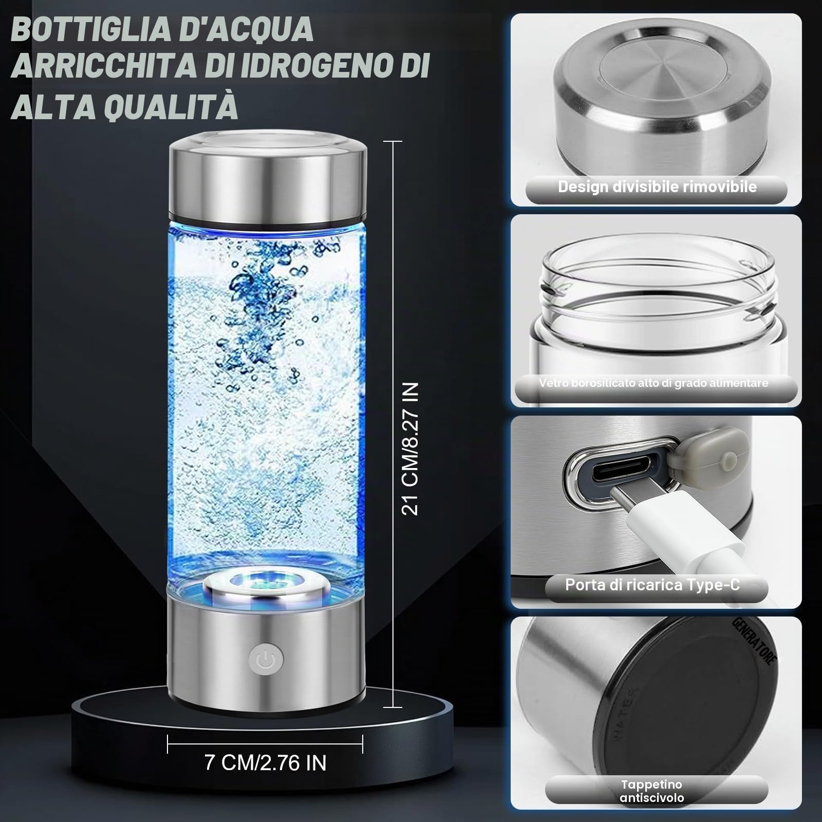 Bottiglia d'acqua idrogenata migliorata, generatore di idrogeno, macchina per acqua idrogenata ricaricabile con tecnologia SPE/PEM, portatile e ricaricabile, vetro, 450 ml (confezione da 2)