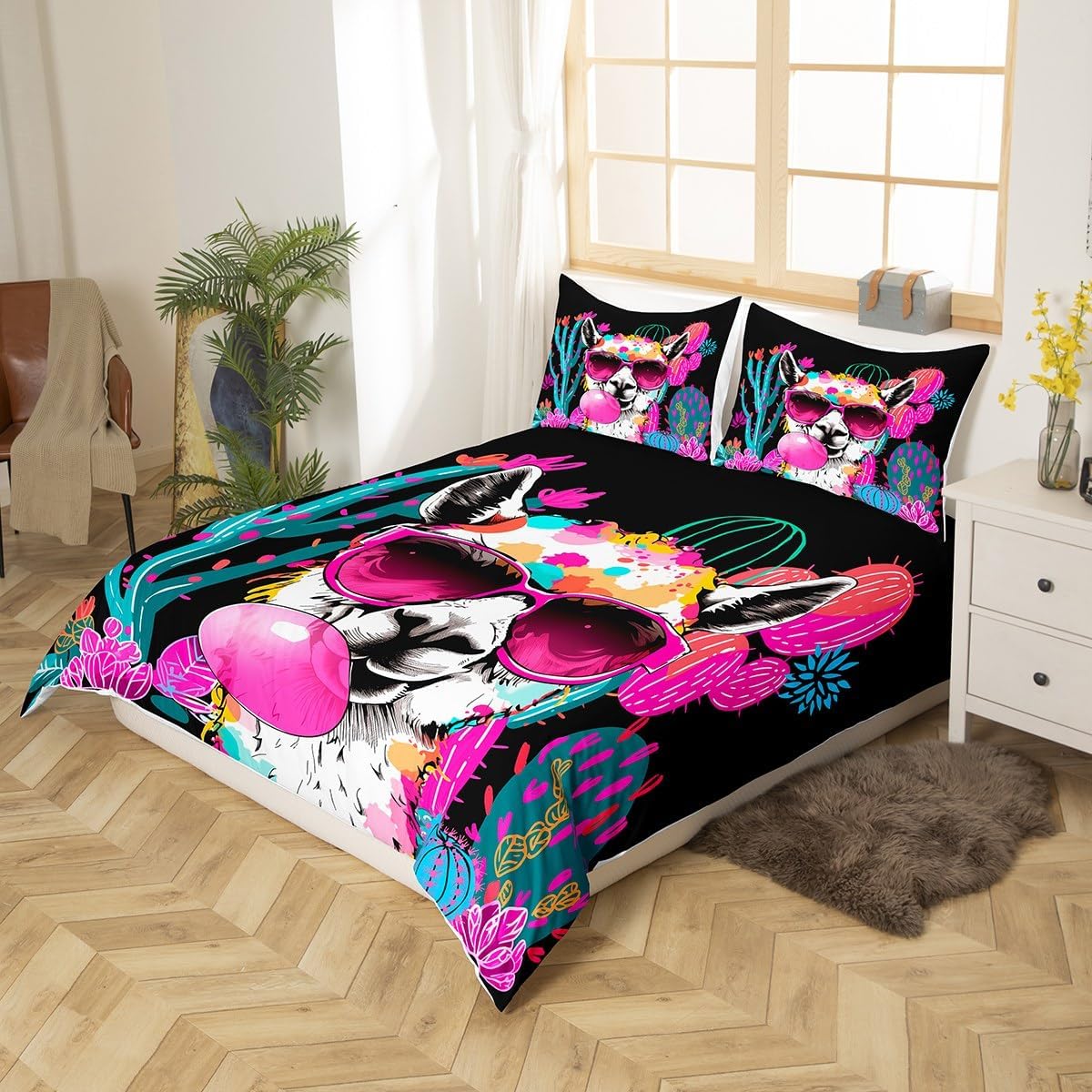 Castle Fairy Alpaca Duvet Cover Twin,Watercolor Cactus Bedding Set 2pcs for Kids Teens Girls Boys Room Decor,Wild Animals Plants Comforter Cover Cute Cartoon Creative Quilt Cover with 1 Pillowcase image 2