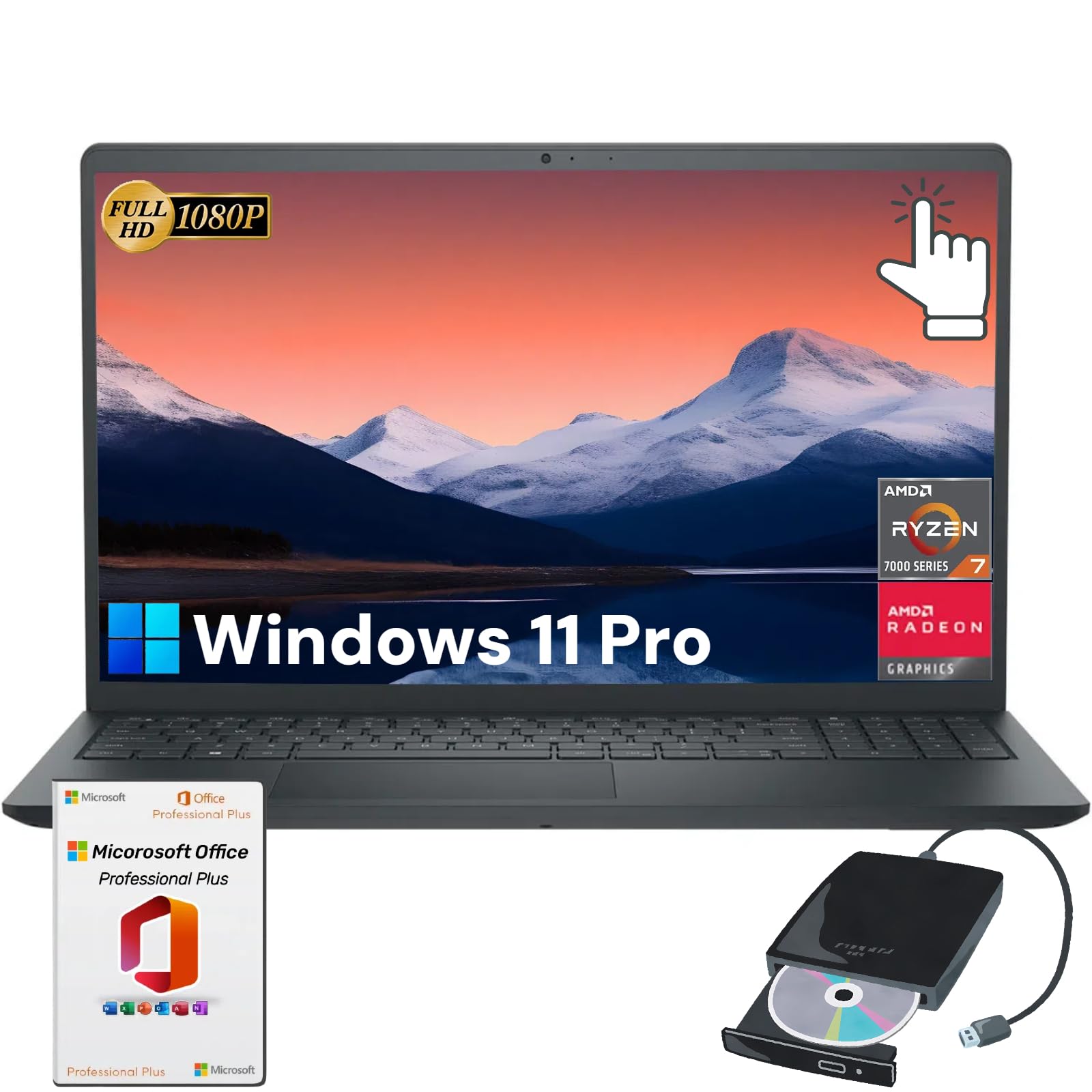 Dell Inspiron 3535 Touchscreen Laptop - 15.6" FHD Laptop for Business & Student, AMD Ryzen 7 7730U(8-Core), Windows 11 Pro & Lifetime Microsoft Office