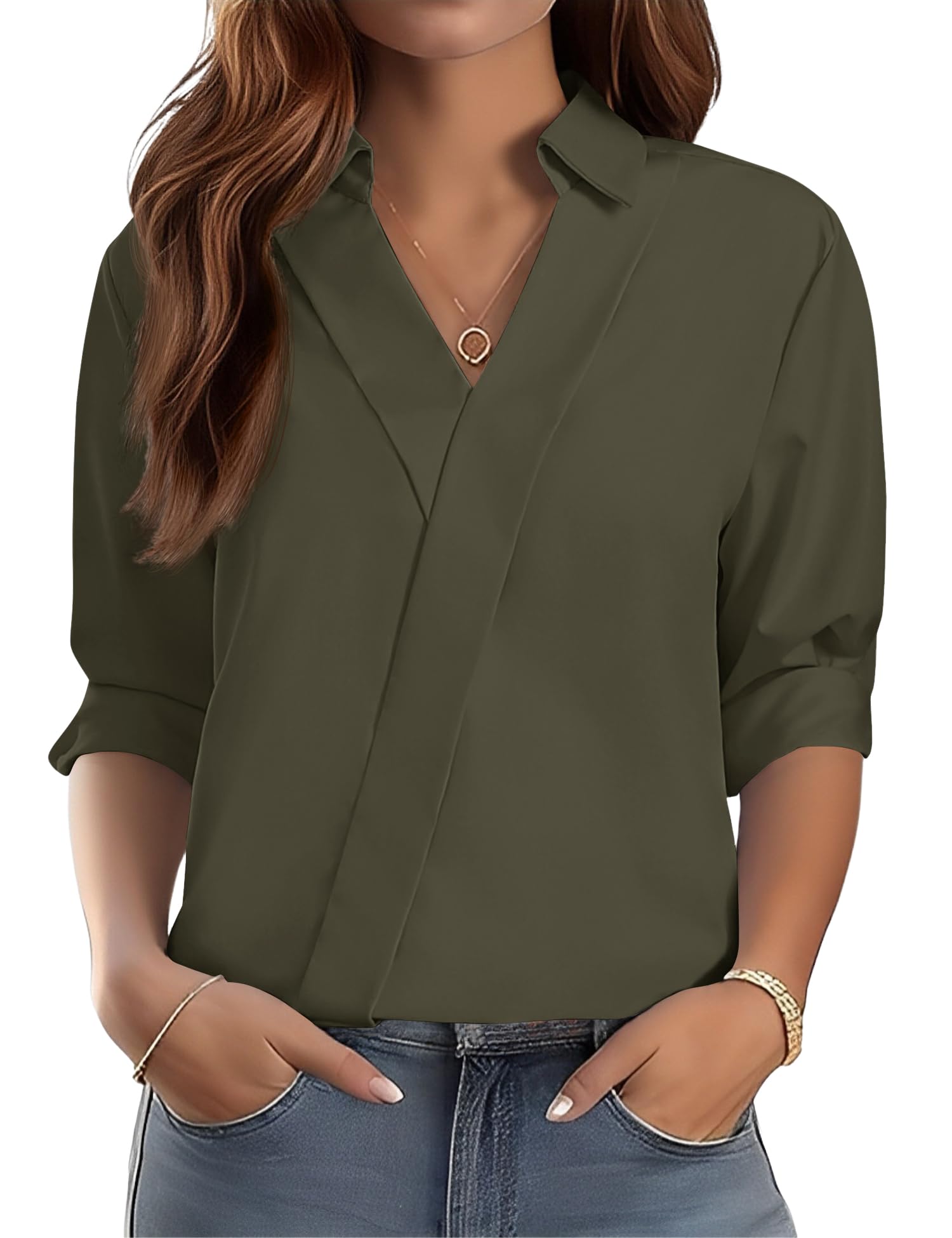 LOMON 3/4 Length Sleeve Womens Tops Dressy V Neck Collared Dress Shirts | Trendy Unique V Neck,Dressy Casual Blouses,Business Casual Outfits,Work Office Clothes,Summer Fall Vacation Outfits 2026 X-Large Army Green