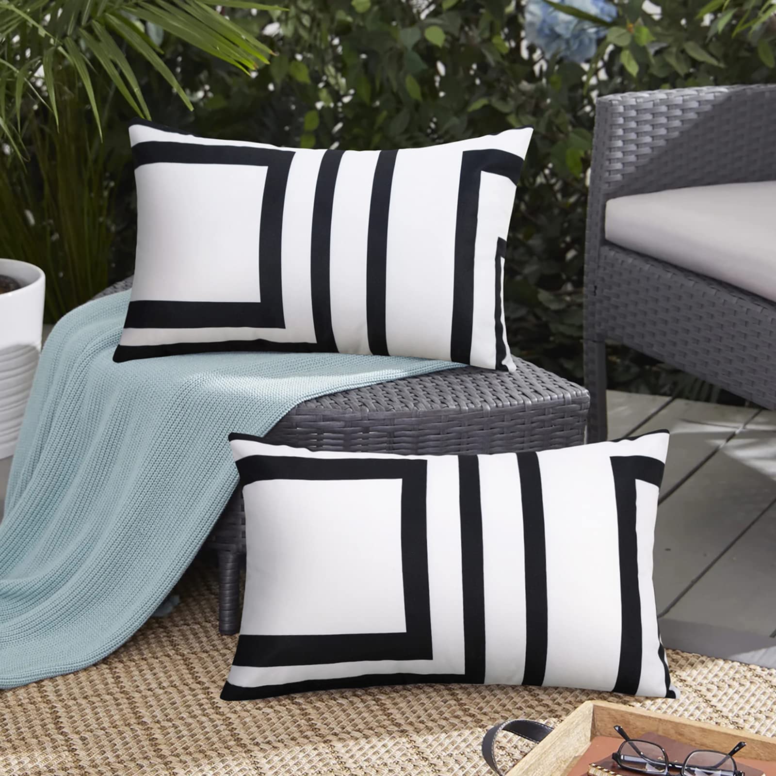 MerrycolorSet of 2 Black White Outdoor Waterproof Throw Pillow Covers 12x20 Inches Decorative Geometric Pillow Coves Outdoor Lumbar Pillows for Patio Furniture