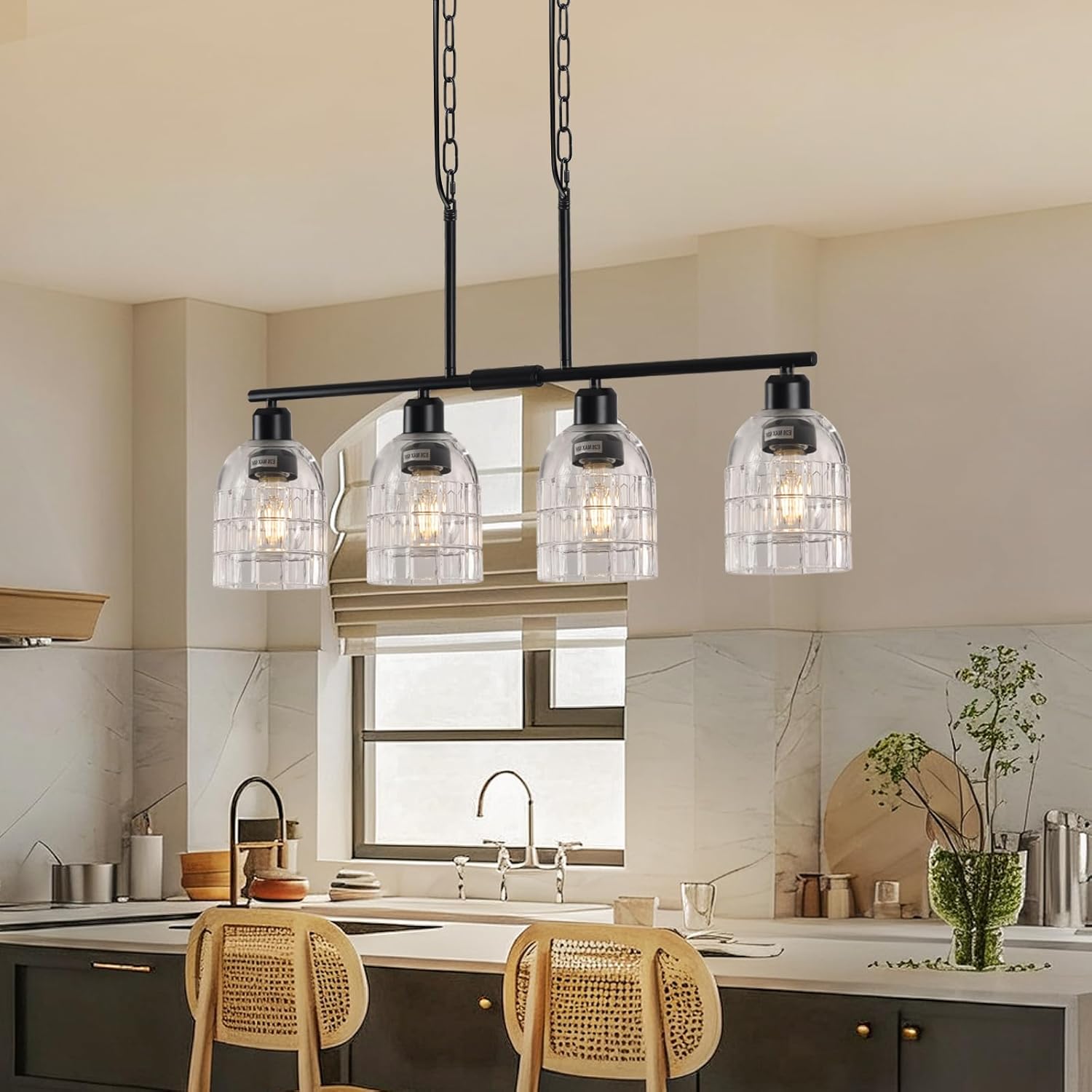 FRIXCHUR Black Kitchen Island Lighting, 3-Light Linear Chandelier with Clear Glass Shades, Modern Pendant Light for Dining Room & Kitchen, Adjustable Height, E26 Bulb Compatible, Metal in Black