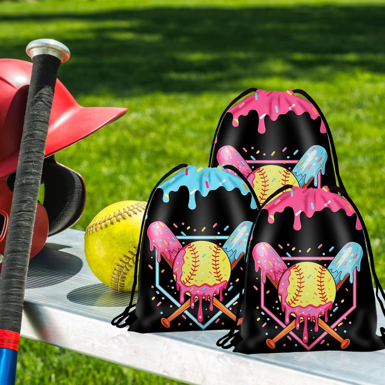 Xihaian 12 Pcs Ice Cream Drip Softball Drawstring Bags 13.4"x10.6" Sport Party Favor Bag Softball Goodie Candy Treat Sackpack Gifts Bag for Teams Birthday Theme Party Supplies