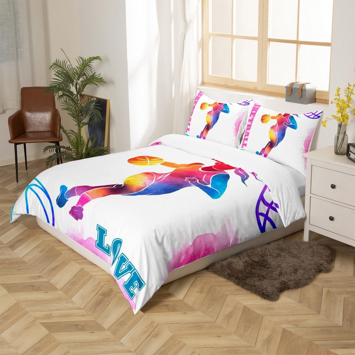 Basketball Lovers Kids Duvet Cover Set Twin Size,Modern Sports Games Competition Bedding Set,Girls Boys Adults Room Decor,Hand Painted Fashion Comforter Cover,Pink Purple Quilt Cover,1 Pillowcase